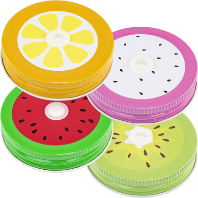 Southern Homewares Fruit Pattern Mason Sipper Jar Lids W/ Hole For Straws Perfect Gift or Party Favor Set 4