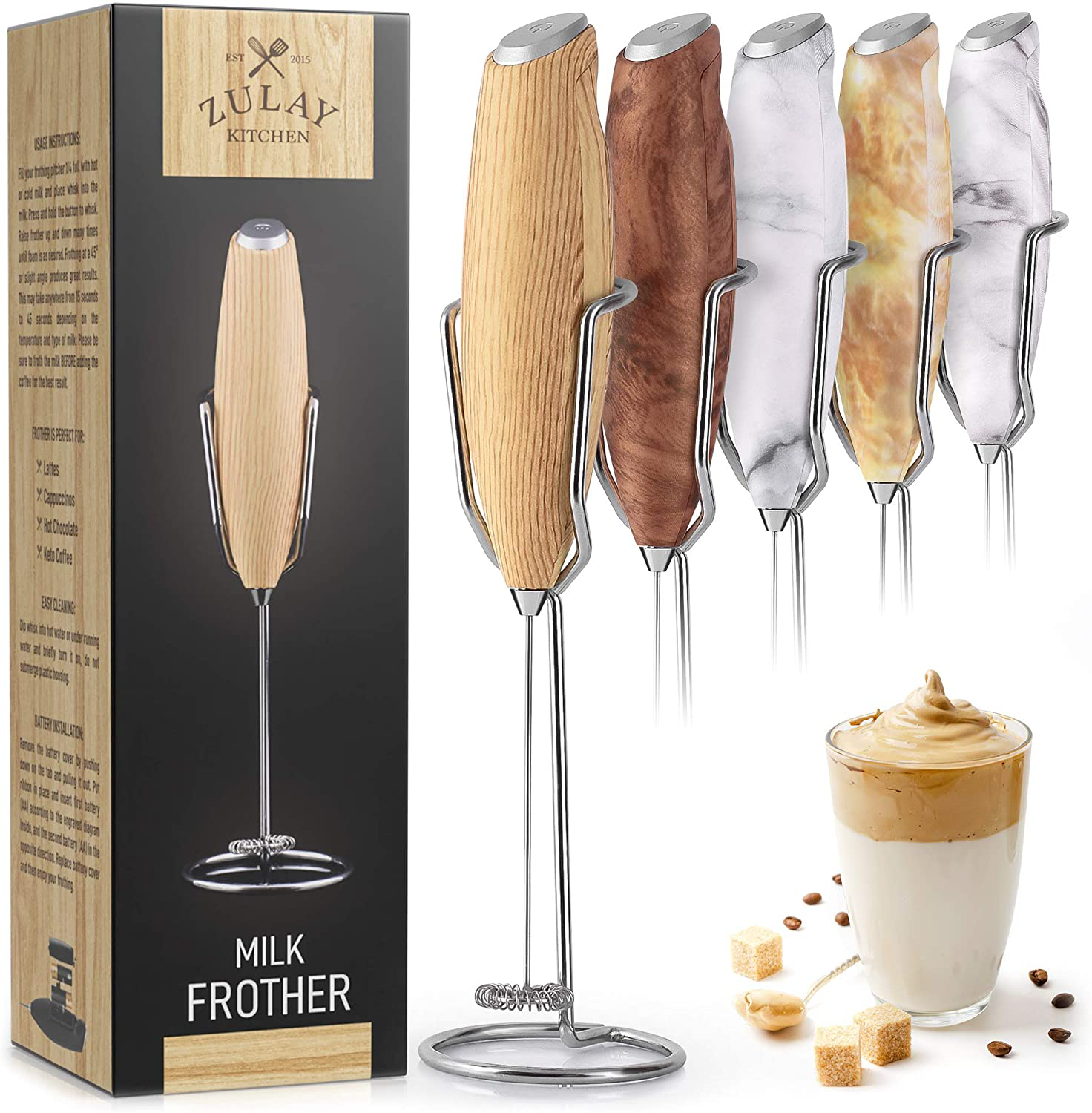 Zulay Milk Frother Handheld Foam Maker with Upgraded Holster Stand - Powerful Coffee Frother Electric Handheld Mixer - Battery Operated Frother for Coffee with Stainless Steel Electric Whisk (Marble)