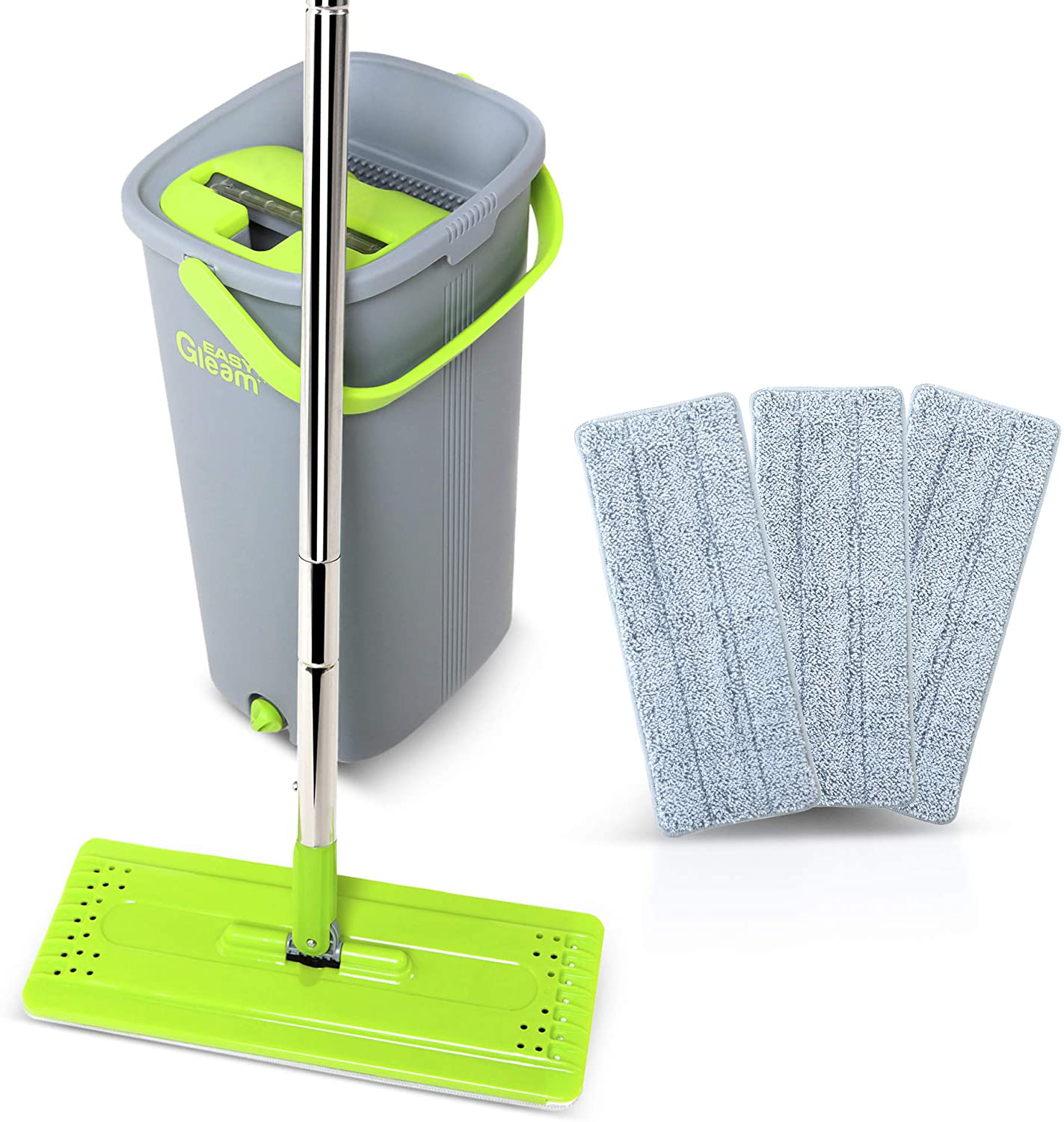 EasyGleam Mop and Bucket Set. Microfiber Flat Mop with Stainless Steel Handle, Innovative Twin Chamber Bucket for Wet & Dry use. 3 Reusable Pads Supplied, Suitable for All Floor Types