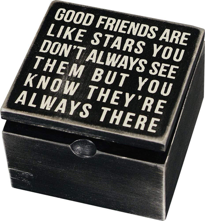 Primitives by Kathy 18192 Classic Hinged Wood Box, 4 x 4 x 2.75-Inches, Good Friends Are Like Stars