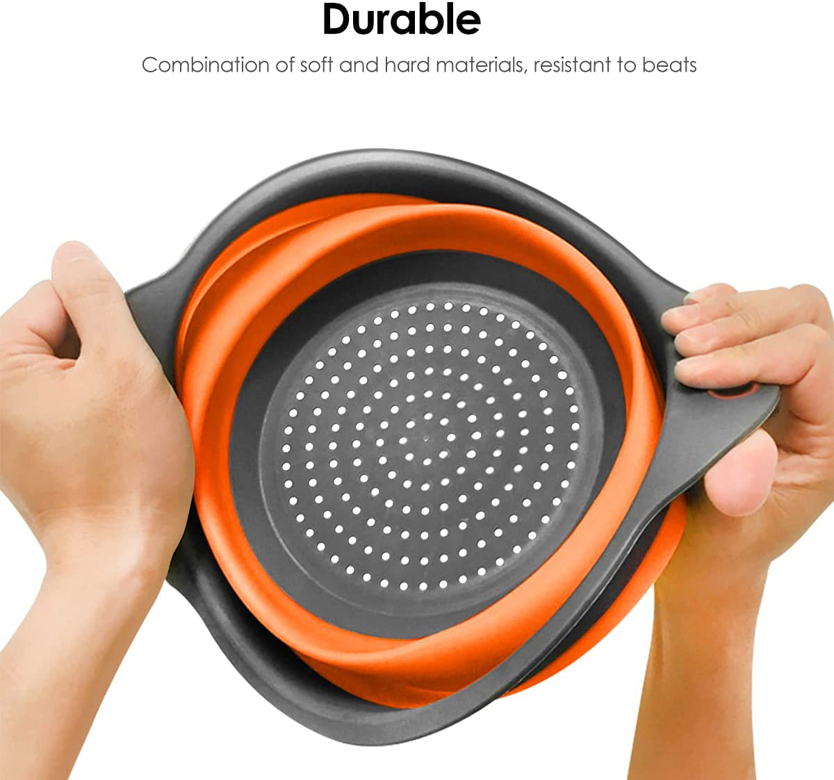 Longzon Collapsible Silicone Colanders and Strainers [2 Piece Set], Diameter Sizes 8'' -2 Quart and 9.5" -3 Quart, Pasta Vegetable/Fruit Kitchen Mesh Strainers with Extendable Handles Orange and Grey