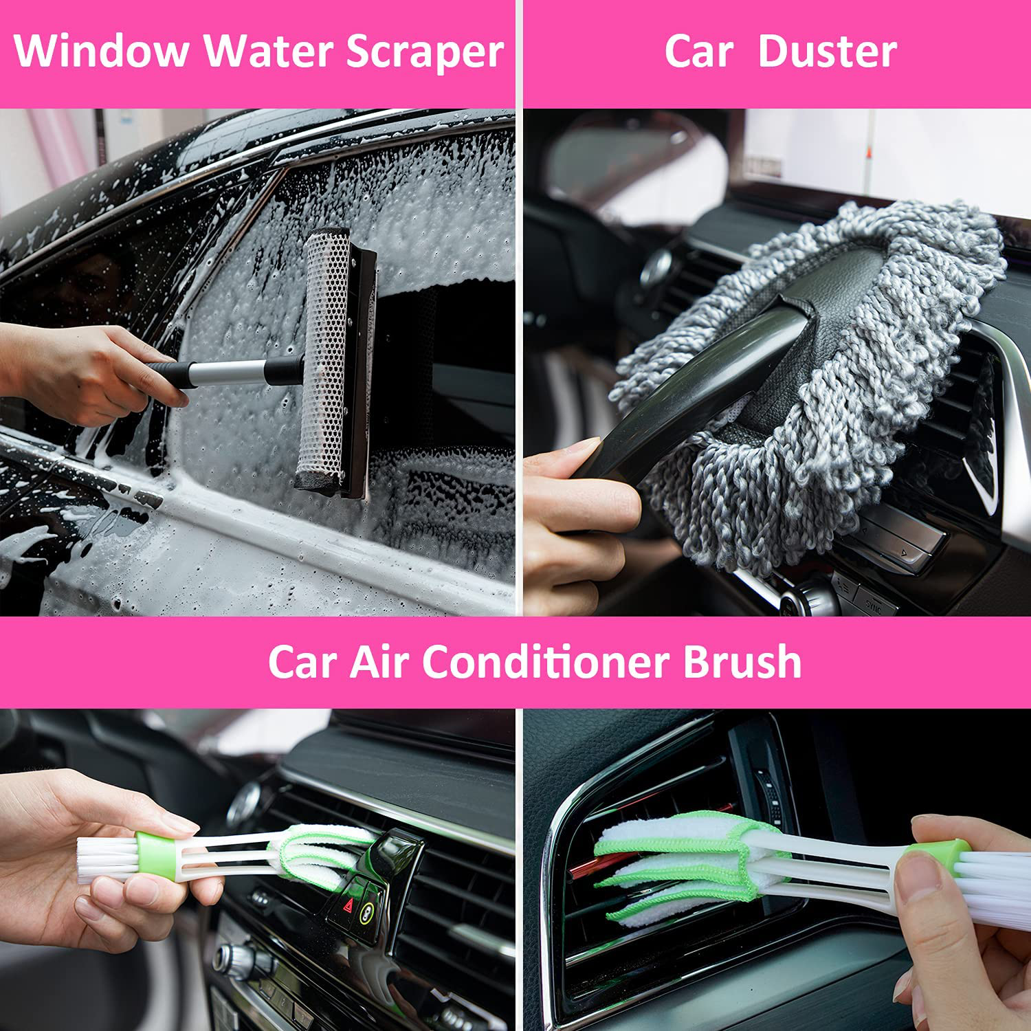 HLWDFLZ 31pcs Car Cleaning Kit, Pink Car Wash Kit and Detailing kit - Car Detailing Brushs, Microfiber Cleaning Cloth, Tire Brush, Window Scraper for Cleaning Car Interior Exterior