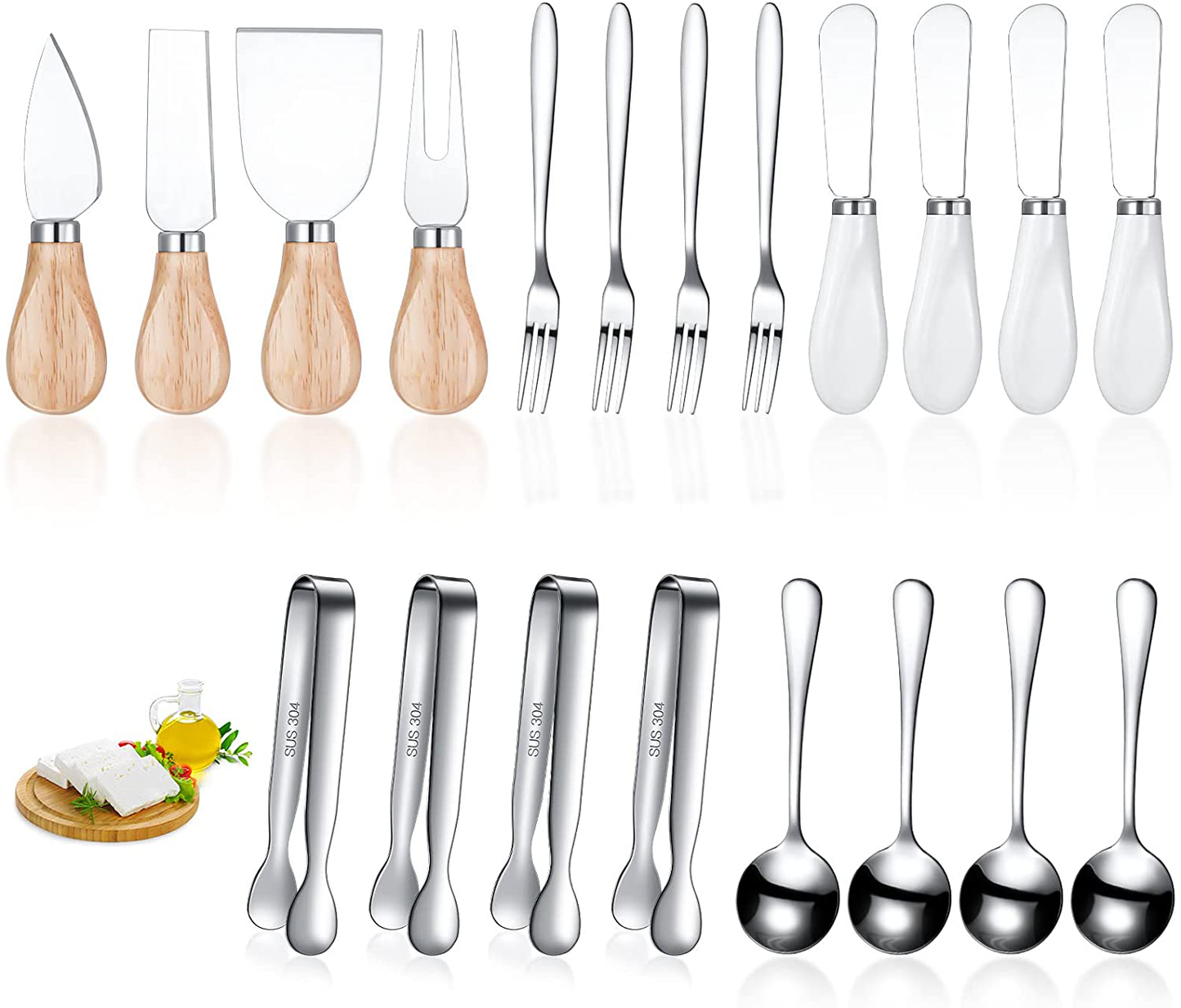 20 Pcs Spreader Knife Set Cheese Butter Spreader Knife Cheese Slicer Knife Stainless Steel Blade with Porcelain and Wooden Handles Mini Serving Tongs Spoons and Forks for Christmas (Chic Style)