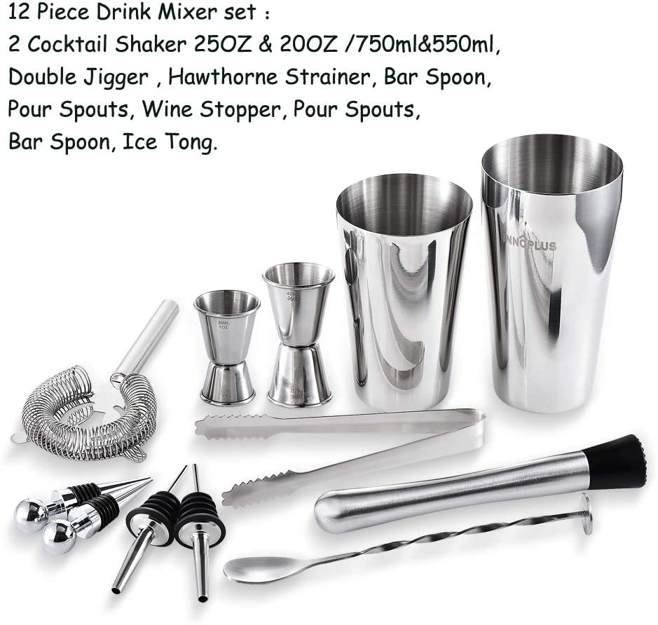 Cocktail Shaker, Martini Shaker, Drink Shaker, Cocktail Shaker Set 12 Piece, Boston Shaker Bar Set, Cocktail Strainer, Bar Tools, Bartender Kit Gifts, Stainless Steel Double Measuring Jigger, Spoon