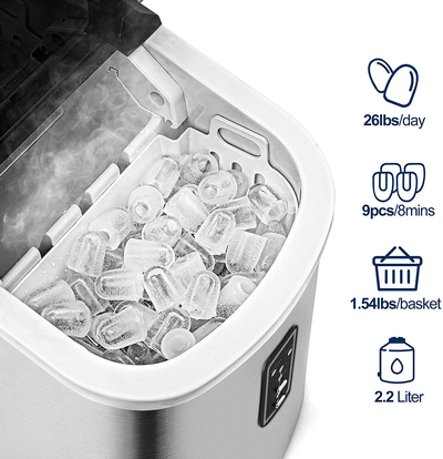 Euhomy Ice Maker Machine Countertop, 26 lbs in 24 Hours, 9 Cubes Ready in 6 Mins, Electric ice maker and Compact potable ice maker with Ice Scoop and Basket. Perfect for Home/Kitchen/Office.(Sliver)