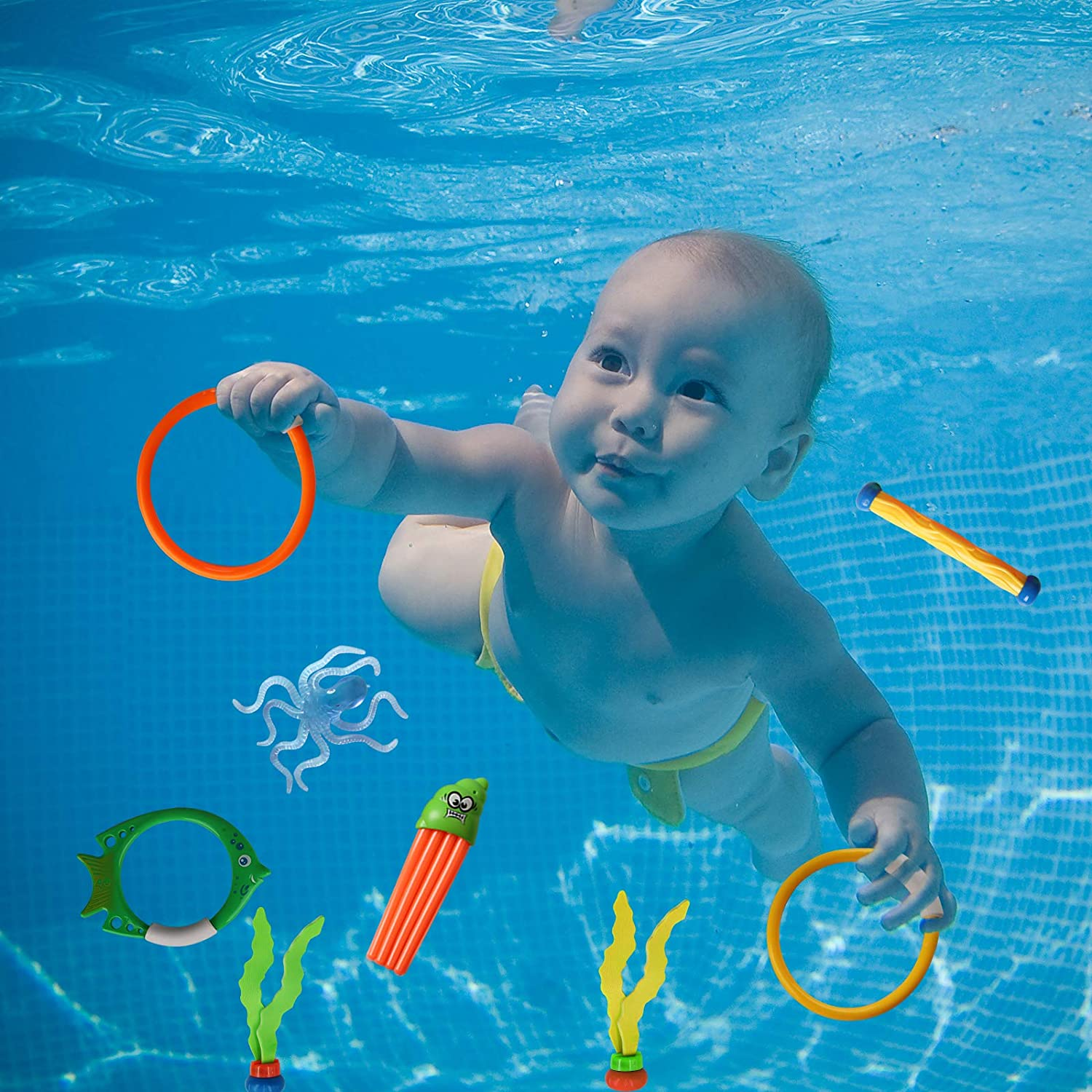 Pool Toys Diving Toy, Swimming Pool Toy Set Includes Rings Diving Sticks Torpedo Bandits Diving Fish Diving Gems Water Plants, Jellyfish, Octopus, Kids Toys Toys for Girls Boys 32Pcs