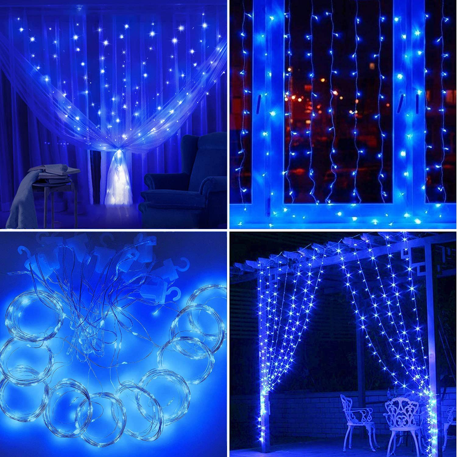 String Lights Curtain,USB Powered Fairy Lights for Bedroom Party,8 Modes & IP64 Waterproof Ideal for Garden,Patio (Blue,7.9Ft x 5.9Ft)