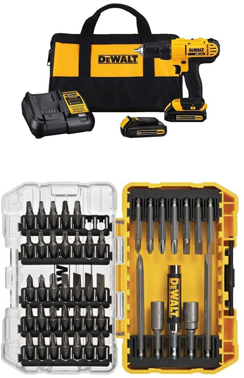 DEWALT 20V Max Cordless Drill / Driver Kit, Compact, 1/2-Inch with Titanium Drill Bit Set, Pilot Point, 21-Piece (DCD771C2 & DW1361)