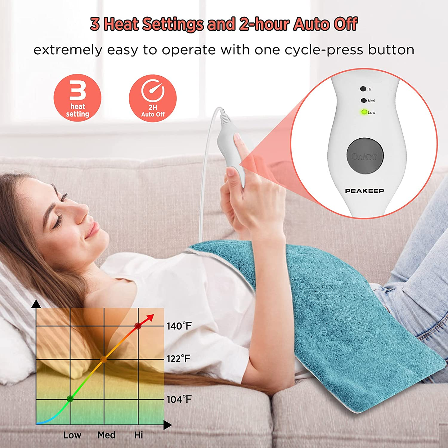 Electric Large Heating Pad 3 Heat Hot Settings with Moist Heating, Auto Off, Machine-Washable