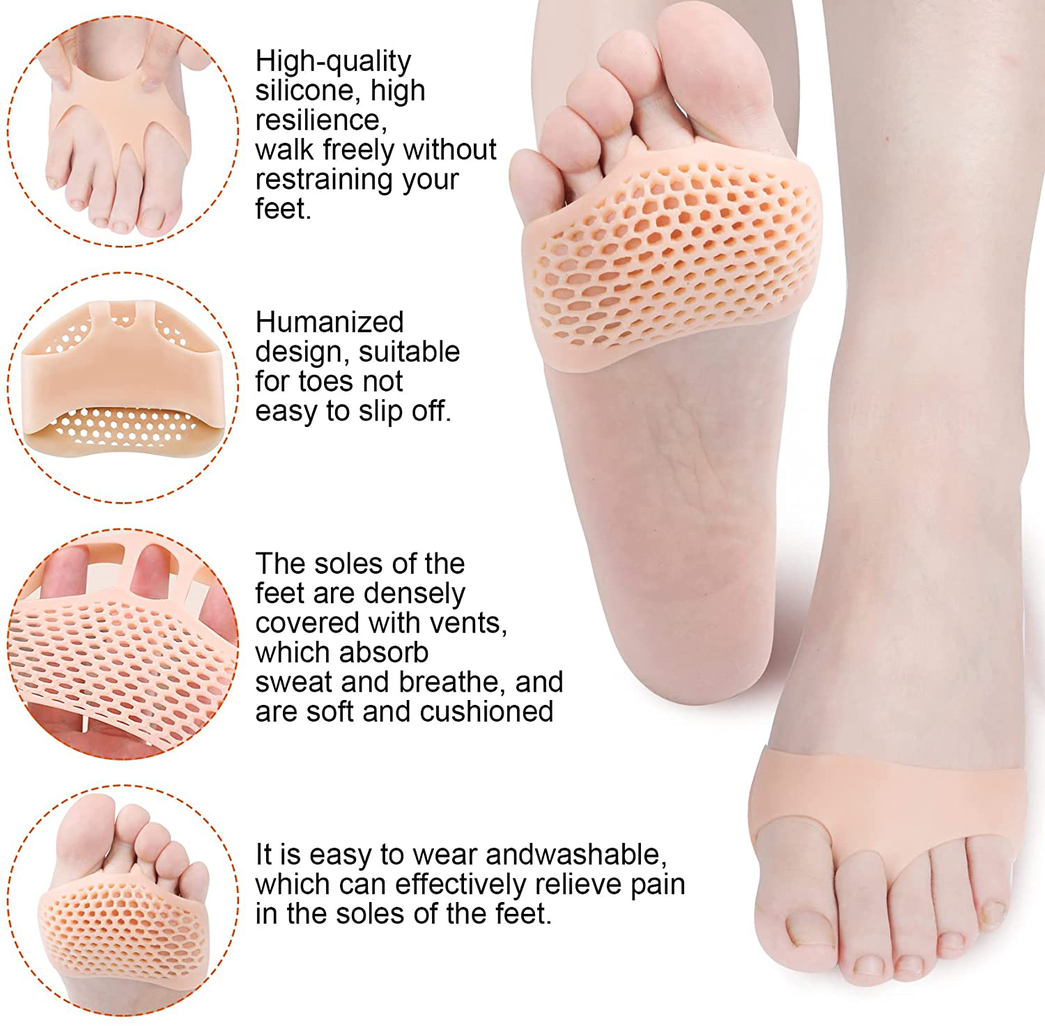 PAGOW 10 Pairs Metatarsal Foot Pads for Women and Men, Soft Silicone Forefoot Pad, Pain Relief Honeycomb Ball of Foot Cushion for Sports Shoes, High Heels, Boots, Canvas Shoes