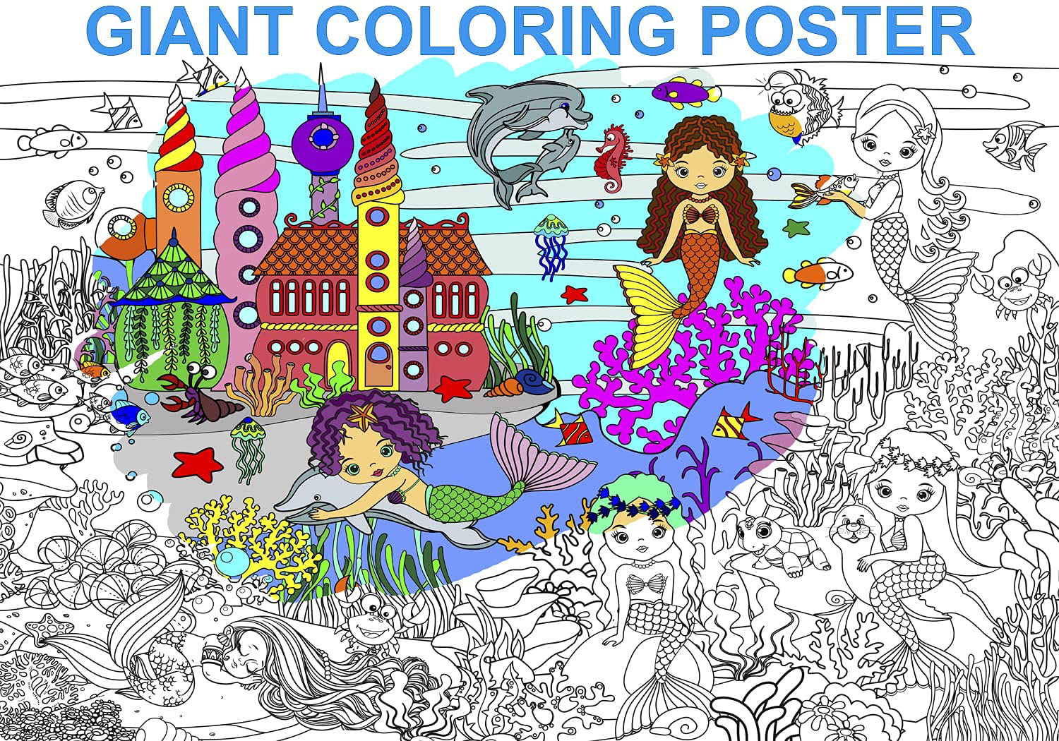 Alex Art, Giant Coloring Poster - Mermaid Large Wall Coloring Pages - Fun Kids Art Project Activities - Jumbo Coloring Sheets Books for Girls - Huge Posters to Color - Big Floor Size 38.5”x26.7”