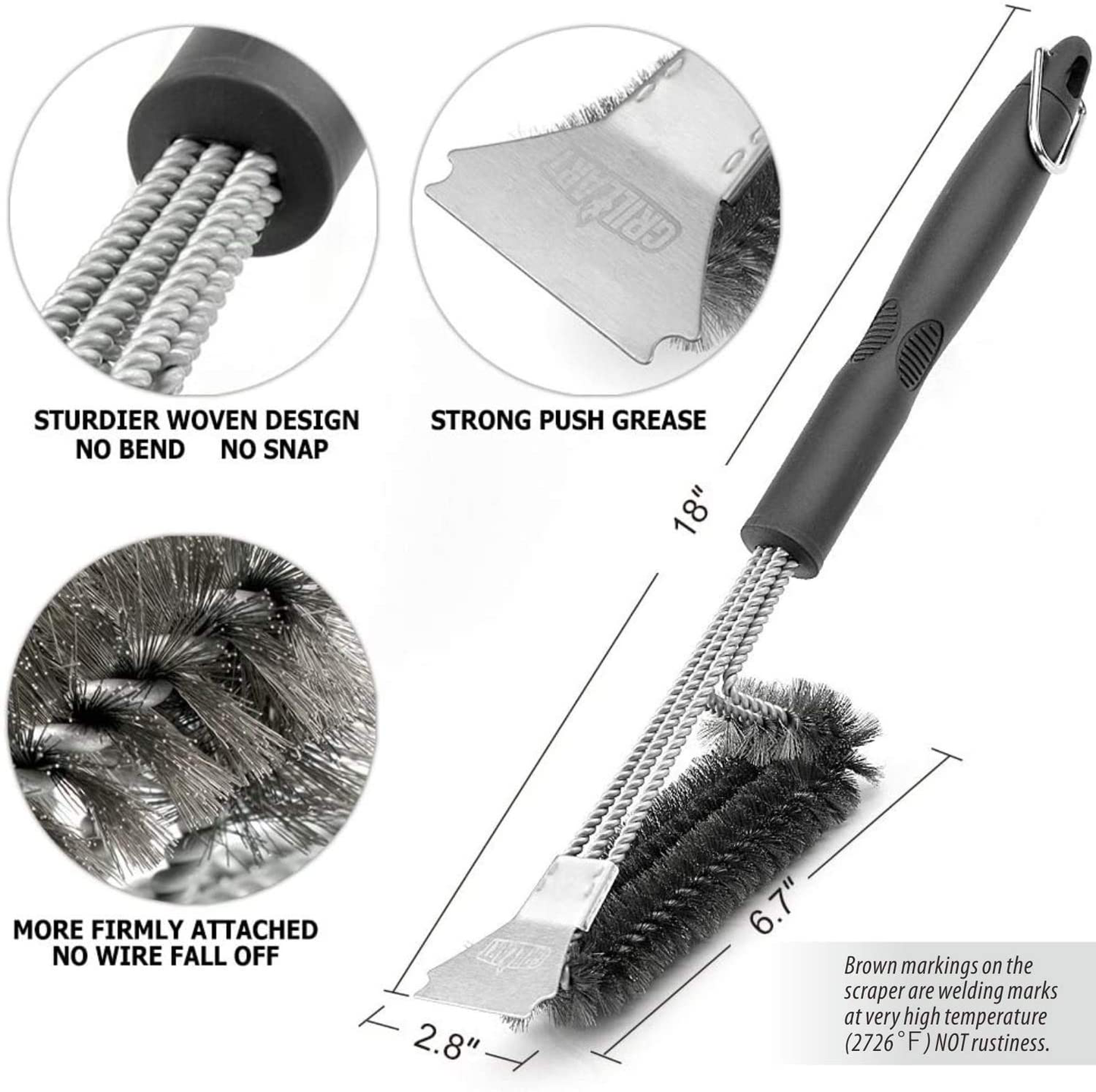 Grill Brush and Scraper - Extra Strong BBQ Cleaner Accessories - Safe Wire Bristles 18" Stainless Steel Barbecue Triple Scrubber Cleaning Brush for Gas/Charcoal Grilling Grates, Wizard Tool