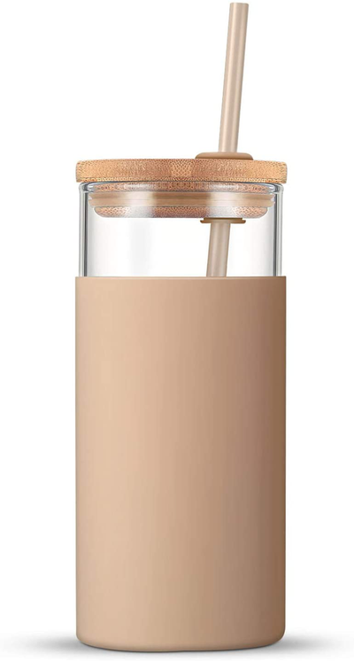 tronco 20oz Glass Tumbler Straw Silicone Protective Sleeve Bamboo Lid - BPA Free (Dot White)