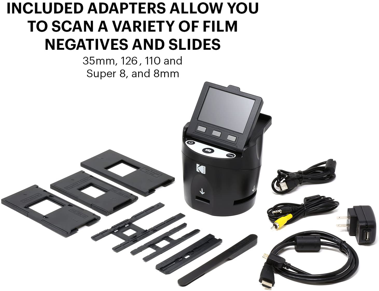 KODAK SCANZA Digital Film & Slide Scanner - Converts 35mm, 126, 110, Super 8 & 8mm Film Negatives & Slides to JPEG - Includes Large Tilt-Up 3.5" LCD, Easy-Load Film Inserts, Adapters & More