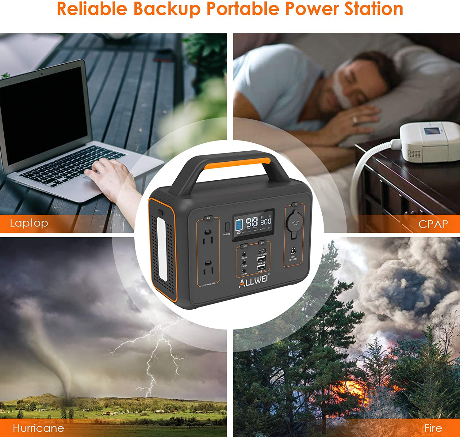 ALLWEI Portable Power Station, 300W/Peak 600W Solar Generator 280Wh/78000mAh CPAP Backup Lithium Battery Pack with LED light,Pure Sine Wave AC Outlet,PD 60W,for Outdoors Camping Travel Emergency