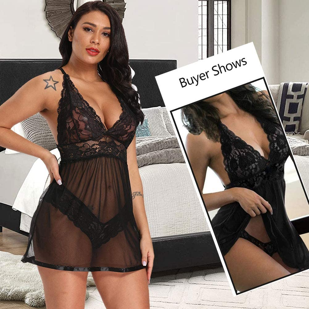 Sexy Lingerie for Women - Sexy Lingerie V Neck Exotic Sleepwear Lace Babydoll Chemise Halter Lingerie S-2XL