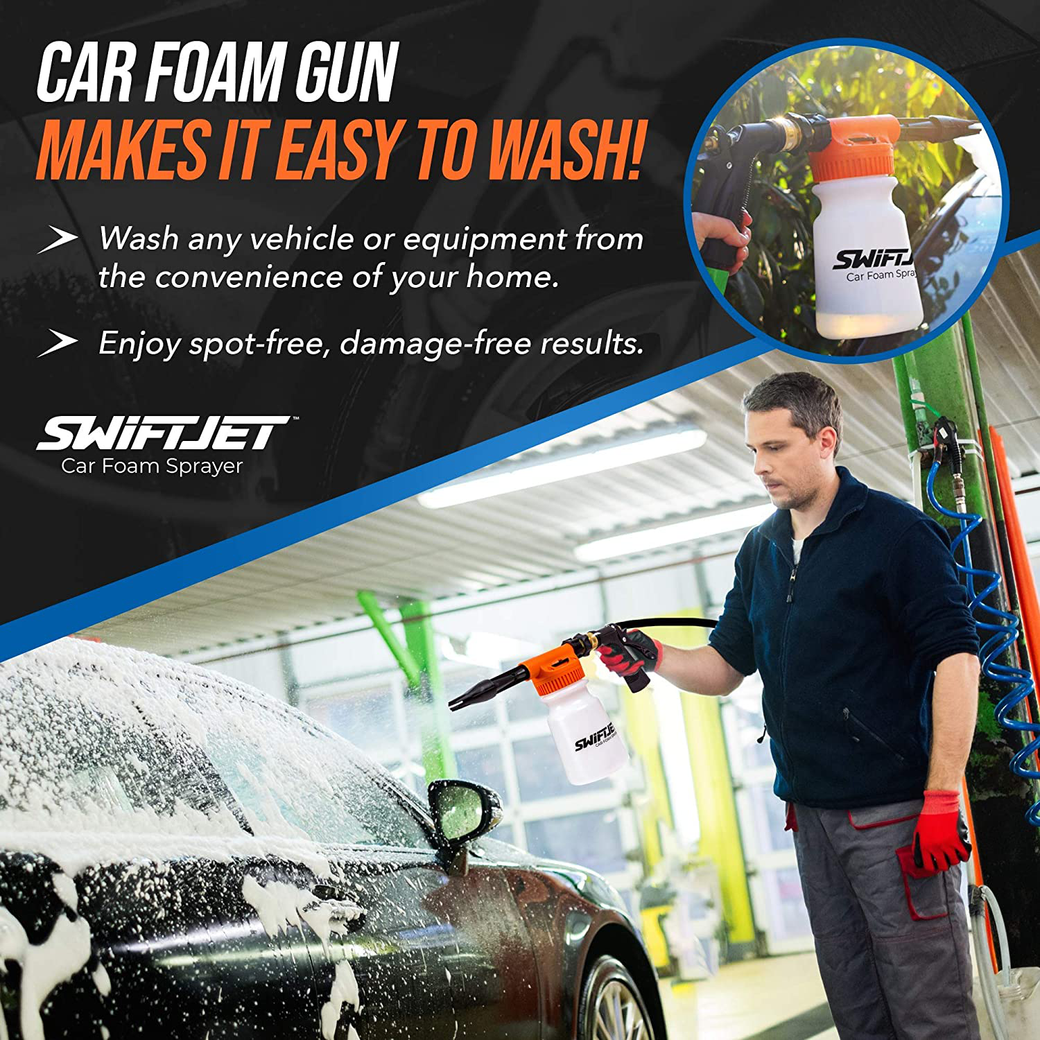 SwiftJet Car Wash Foam Gun Sprayer with Microfiber Wash Mit - Adjustable Water Pressure & Soap Ratio Dial - Foam Cannon Attaches to Any Garden Hose (Foam Sprayer with Wash Mit)