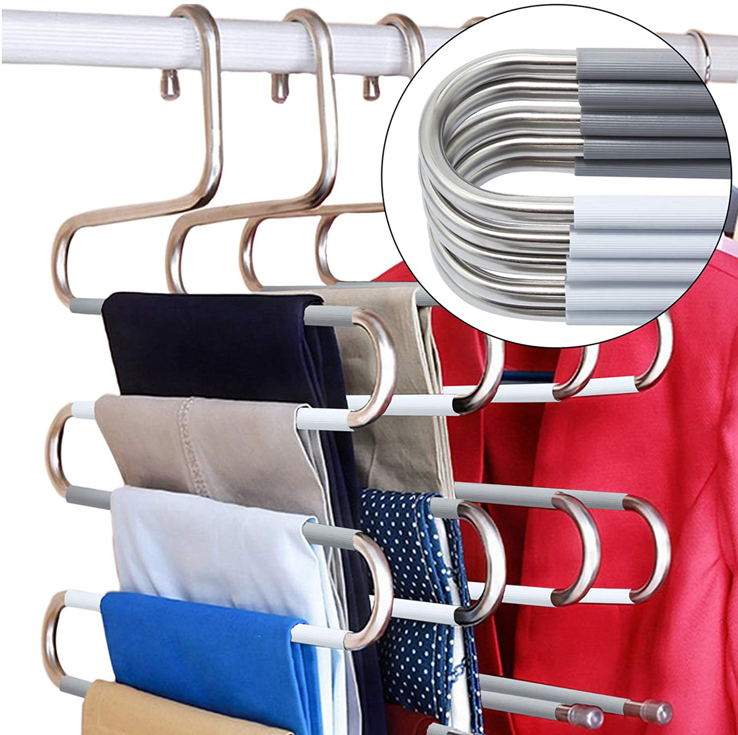 DOIOWN S-Type Stainless Steel Clothes Pants Hangers Closet Storage Organizer for Pants Jeans Scarf Hanging (14.17 x 14.96ins, Set of 3) (5-Pieces-White&Grey(Upgrade Style))