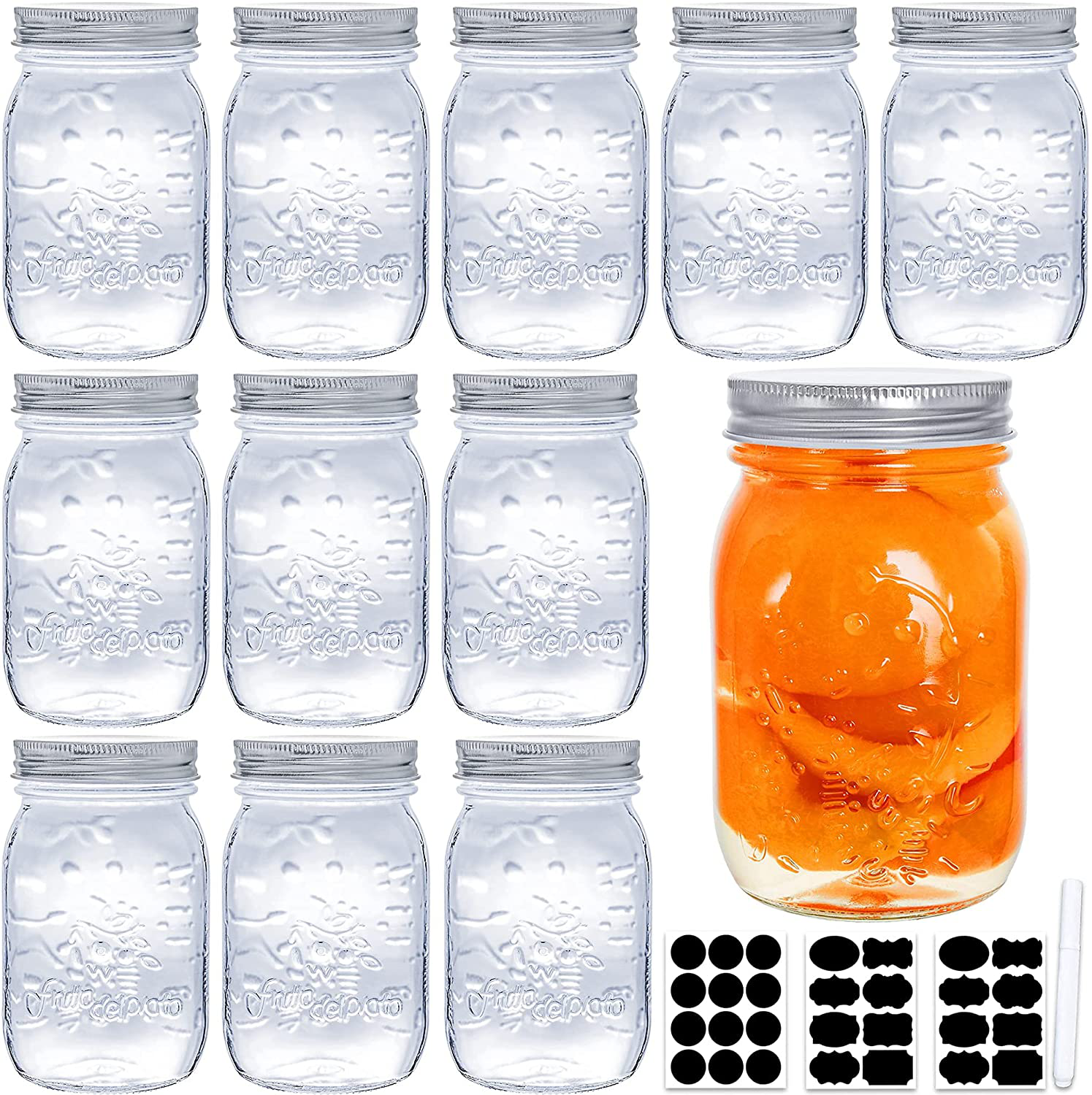 Mason Jars 16 OZ,12 Pack Regular Mouth Glass Jars for Sealing, Meal Prep, Jam, Honey, Overnight Oats, Food Storage, Canning, Preserving, Drinking, DIY Decors and Projects, Canning Jars with Silver Airtight Lids, Glass Storage Jars