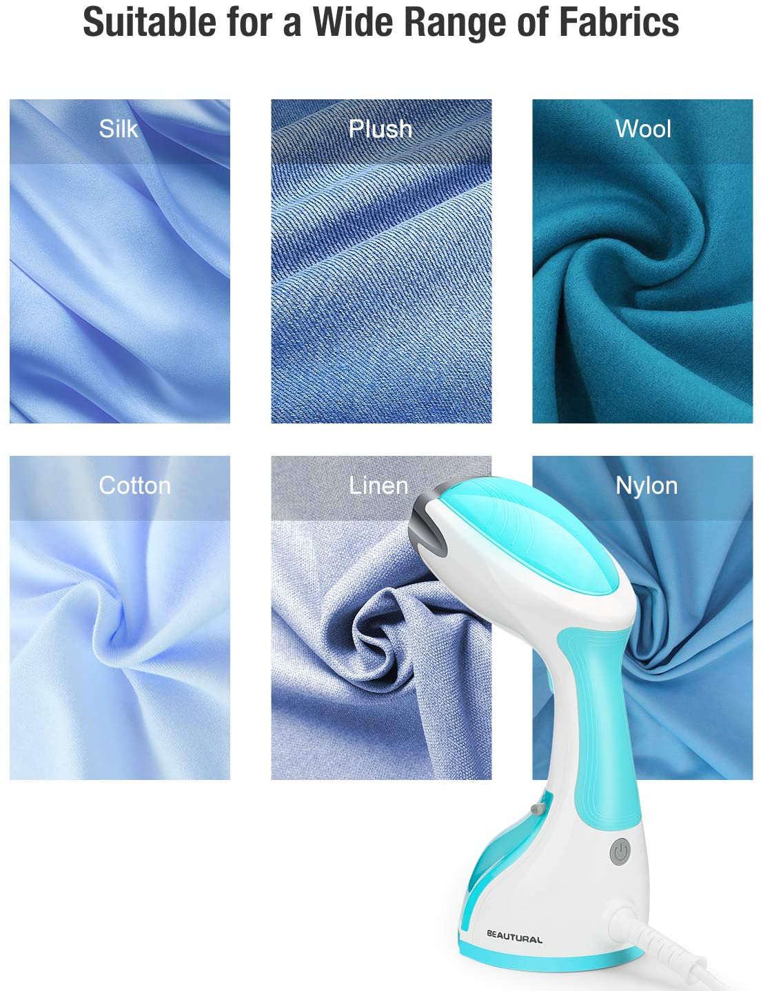 BEAUTURAL Steamer for Clothes with Pump Steam Technology, Portable Handheld Garment Fabric Wrinkles Remover, 30s Fast Heat-up, Auto-Off, Large Detachable Water Tank