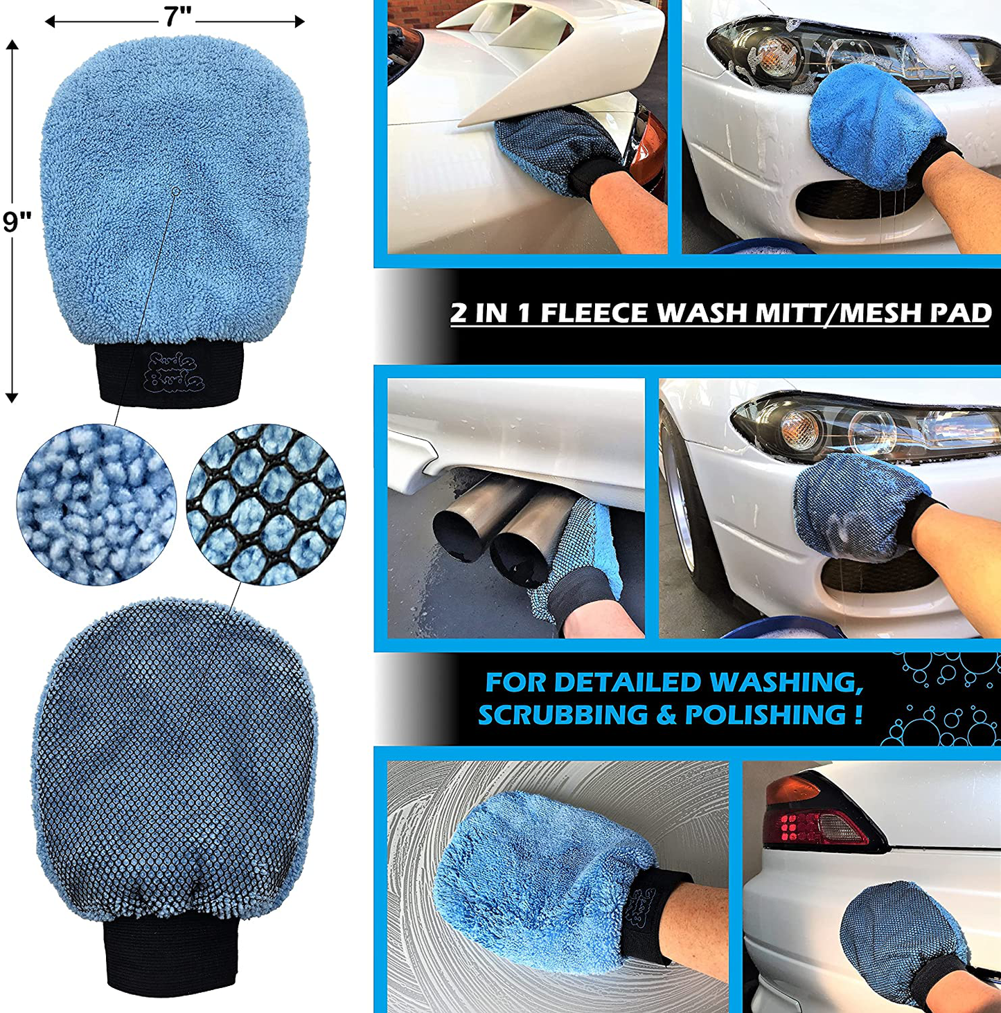 Sudz Budz Premium Microfiber Car Wash Kit 8pcs | Multipurpose Car Wash Mitts, Microfiber Towel Set, Wheel Brush, Car Detailing Brush Set. Auto Detailing Supplies for Exterior Washing Interior Cleaning