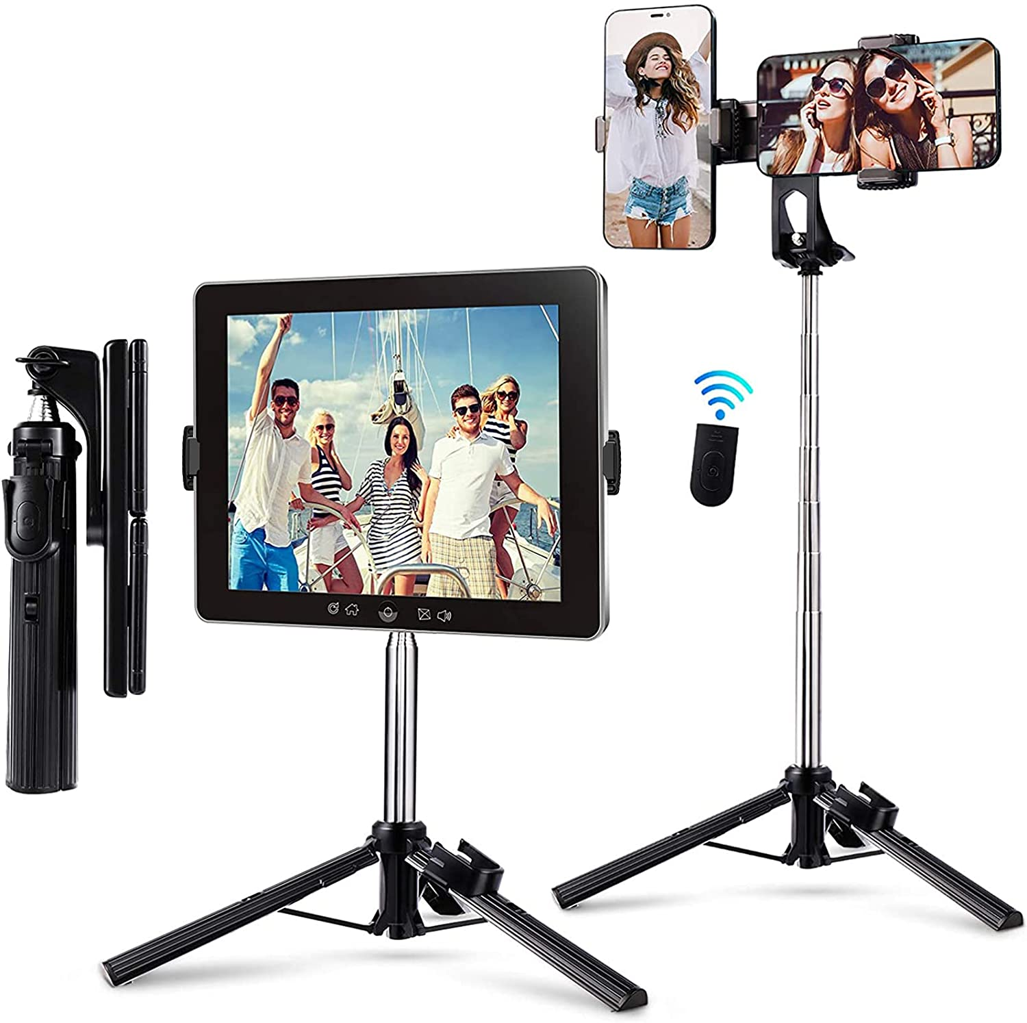 Phone Tripod Stand, Portable and Adjustable Cell Phone Camera Desktop Tripod Stand with Wireless Remote and Phone Holder, Compatible with Cellphones & Camera