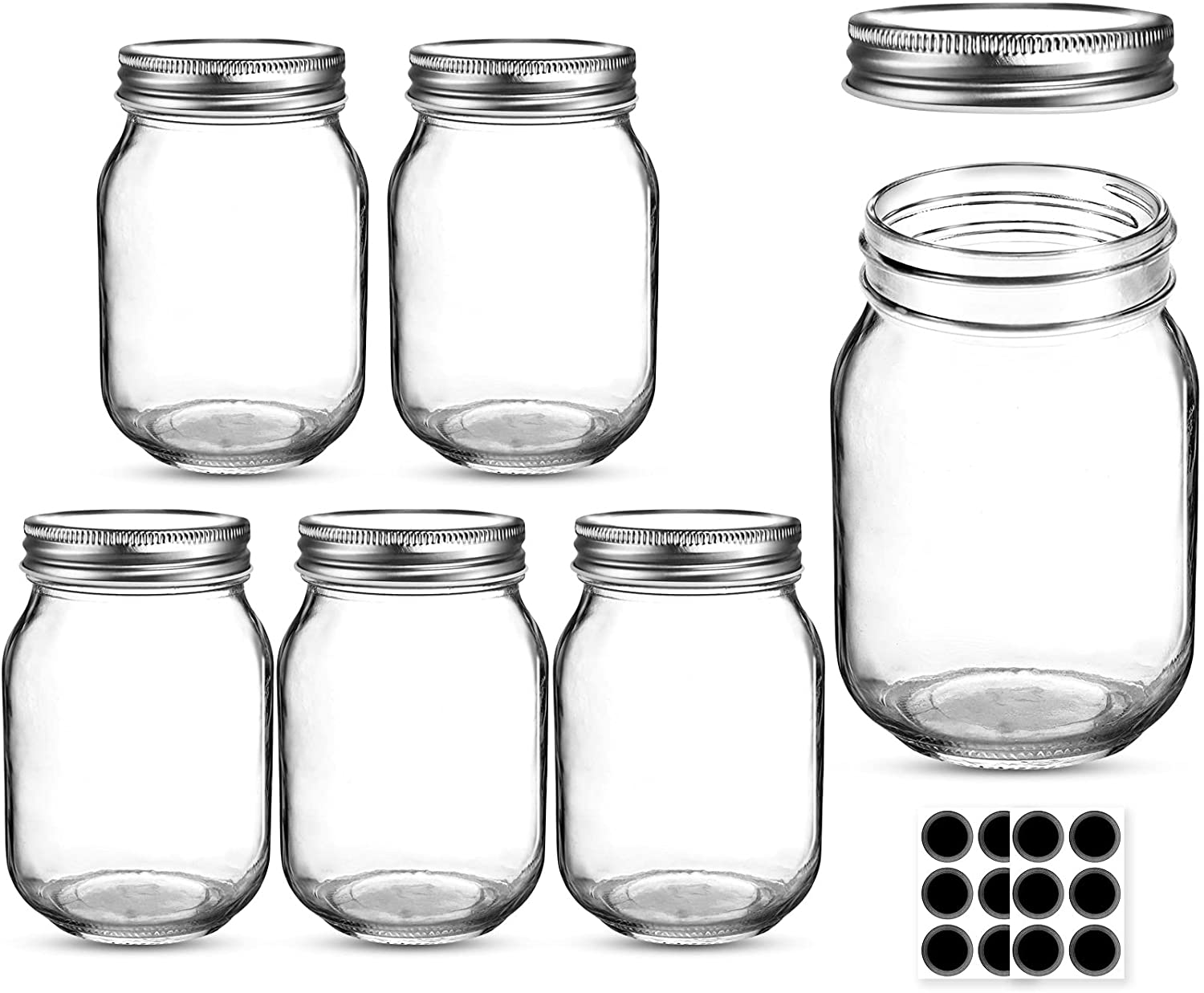 Mason Jars 16 OZ, AIVIKI Glass Regular Mouth Canning Jars with Silver Metal Airtight Lids for Sealing, Canning, Jam, Honey, Wedding Favors, Shower Favors, Baby Foods, Food Storage, Overnight Oats, Dry Food, Snacks, Candies, 6 Pack 12 Whiteboard Labels