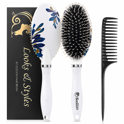 Hair Brush, Boar Bristle Hair Brushes for Women Kids Thick Curly Wet Dry Hair, Smoothing Detangling Hairbrush Adds Shine and Improves Hair Texture, Hair Comb and Giftbox Included