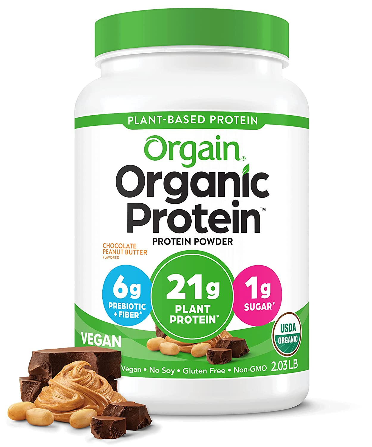 Orgain Organic Plant Based Protein Powder, Peanut Butter - 21G of Protein, Vegan, Low Net Carbs, Non Dairy, Gluten Free, Lactose Free, No Sugar Added, Soy Free, Kosher, Non-Gmo, 2.03 Pound