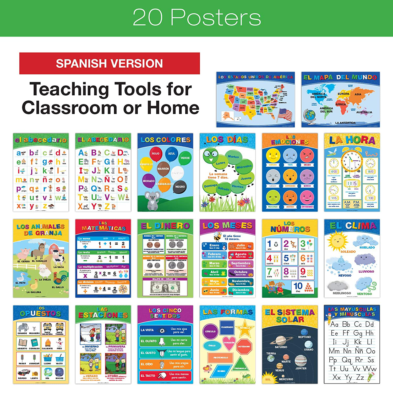 20 Extra Large Educational Posters For Kids Toddlers (24x17 Double Sided English and Spanish) Includes: Alphabet Colors Letters Numbers Shapes Months Days Weather Time Animals Solar System Seasons Map