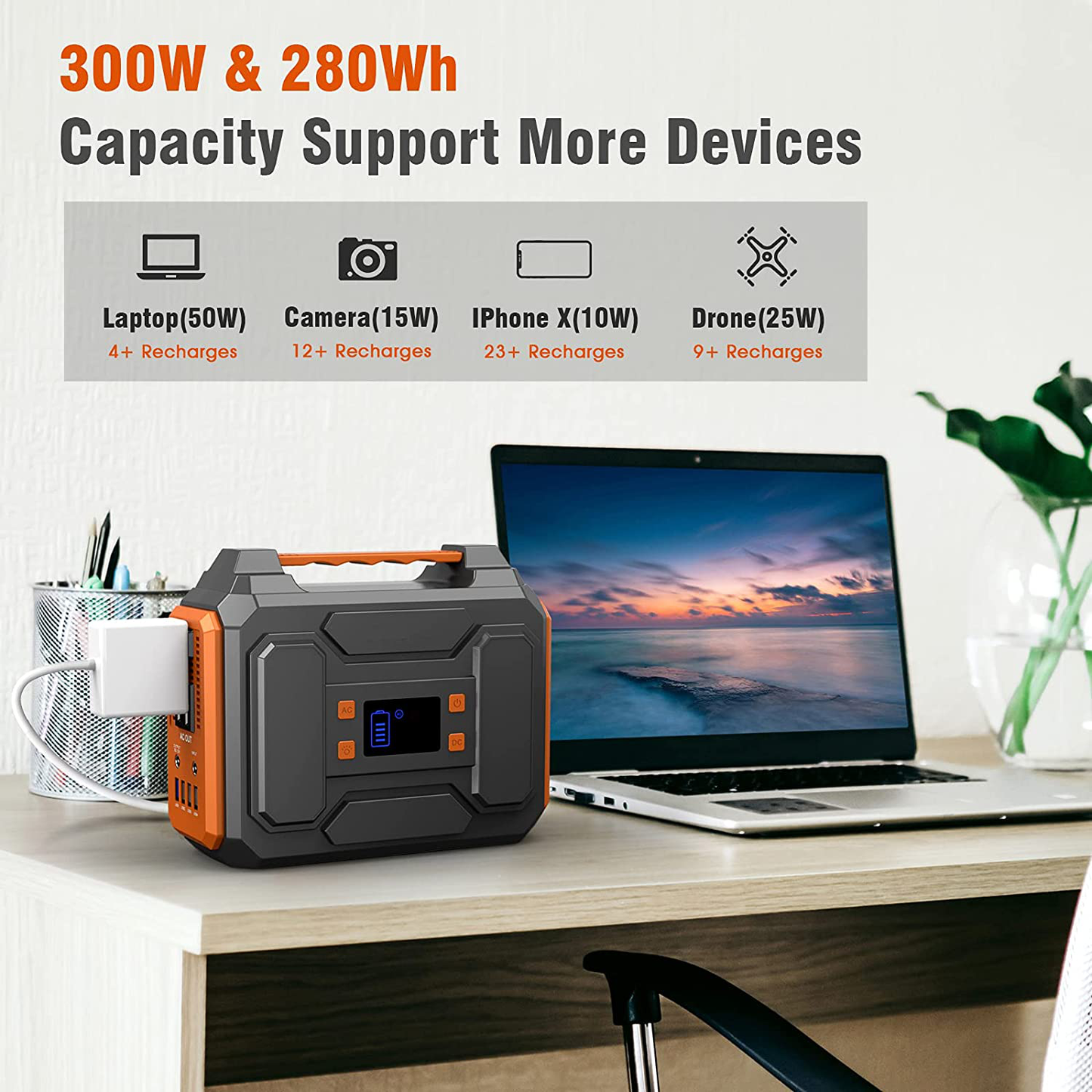 Portable Power Station 300W,Solar Outdoor Generators 280Wh/75000mAh,Lithium Battery Backup power source with Flashlight,inverter generator with DC AC Outlet for Home Use Camping RV Travel Emergency