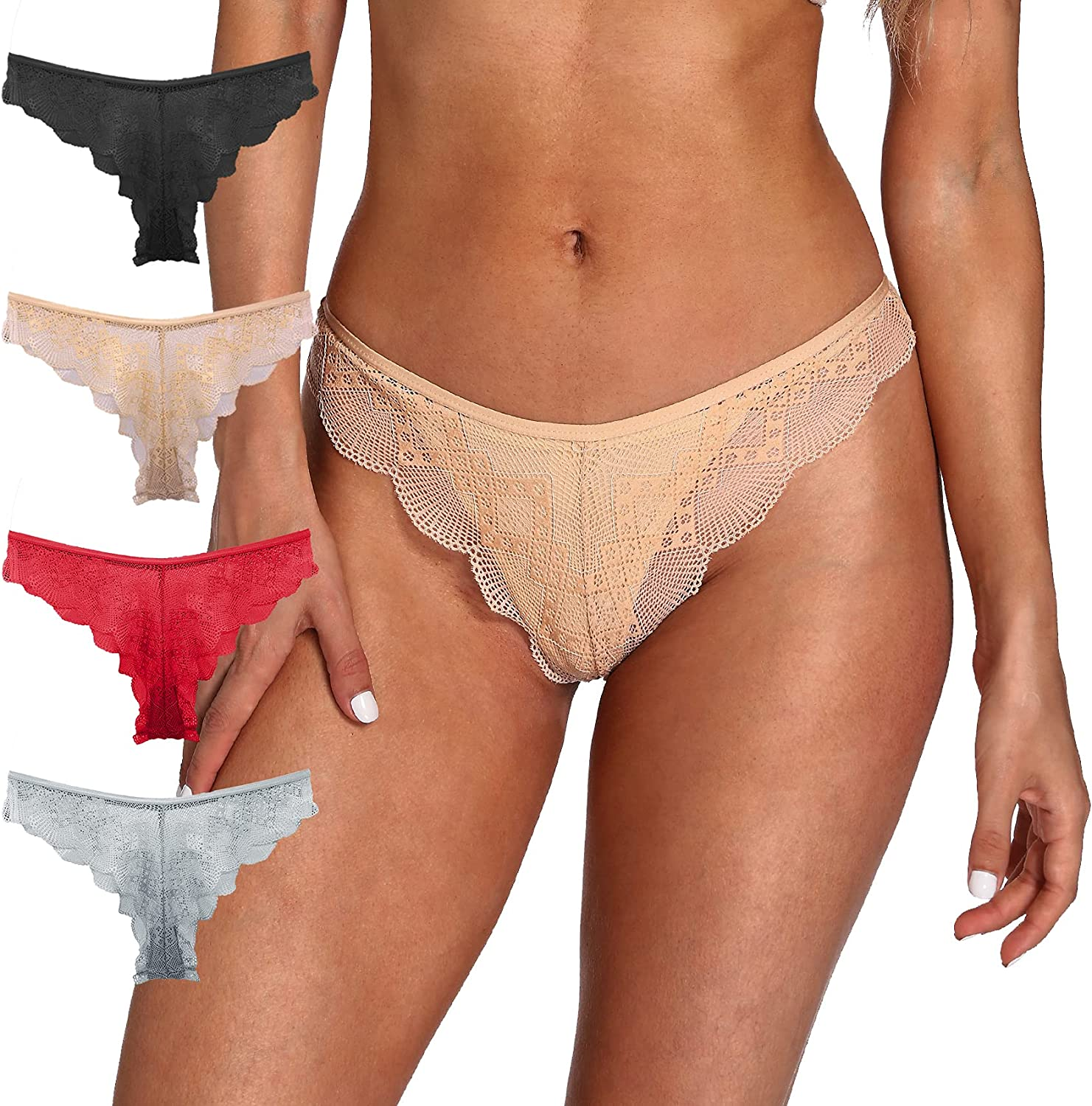 Women'S Sexy Lace Cotton Thongs Low Waist Underwear Soft Seamless Panties 6-Pack