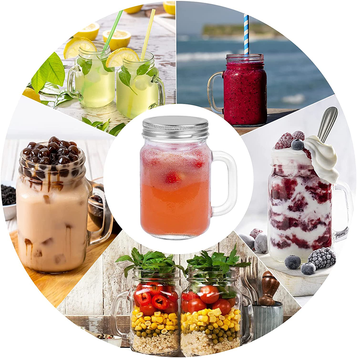 16 oz Glass Mason Jars With Handle, 500 ml Drinking Mugs with Regular Mouth Lids,Set of 9, Perfect Drinking Jars for Jam, Honey, Tea, Juice, Milk. Included 1 Pens and 20 Labels.