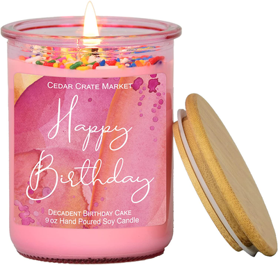 Happy Birthday Candle- Pink Jar, Sprinkles, Birthday Cake Scented Candles for Women, Girlfriend, Best Friends, Female, Buttercream Vanilla Cake, Friendship Gift for Mom, Sister, Aunt, Coworker, Boss