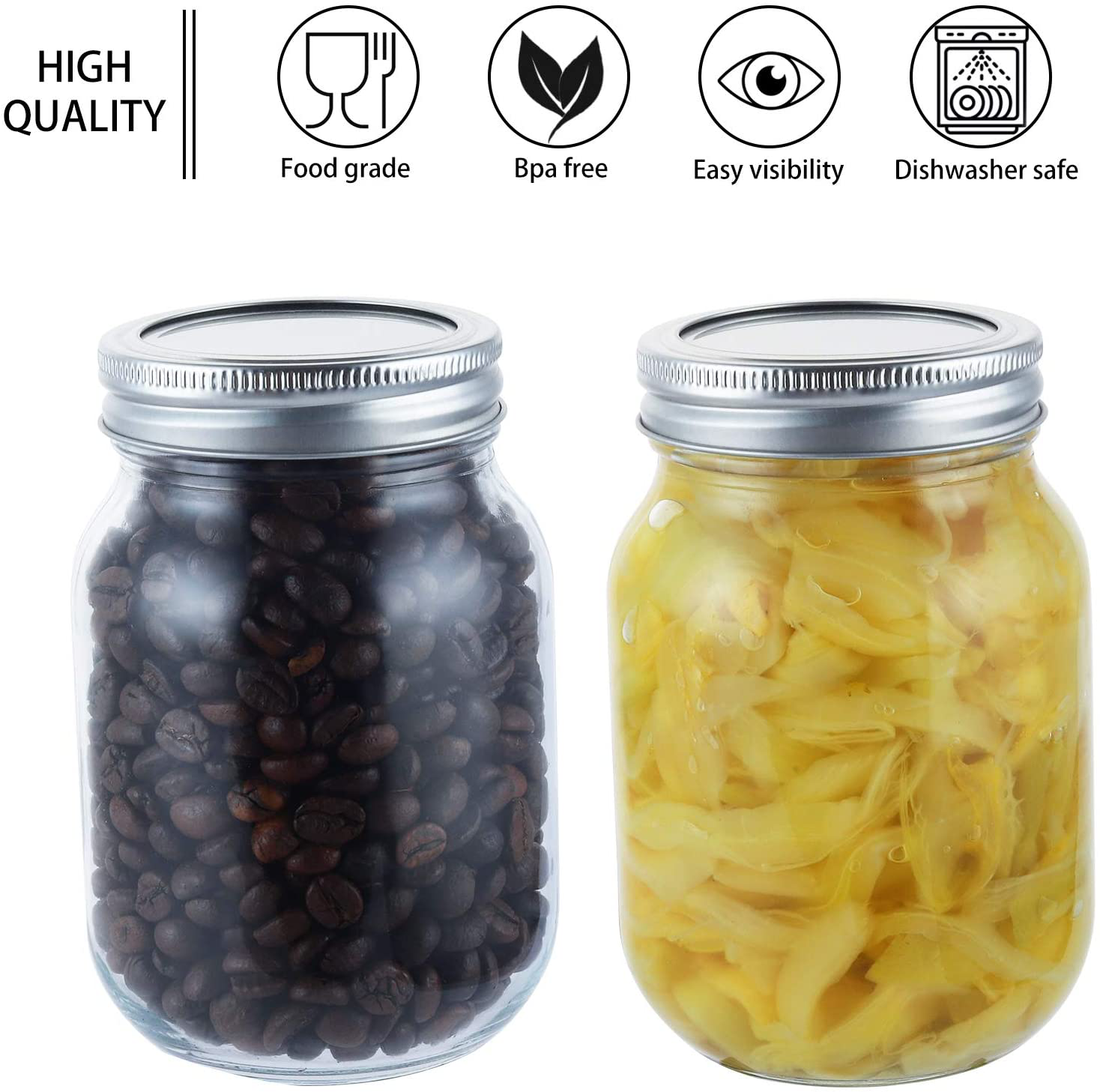 Mason Jars 16oz with Airtight Lids Glass Regular Mouth Large Pint Canning Ideal for Jam, Honey, Wedding Favors, Meal Prep, Food Storage, Canning, Drinking, Dry Food, Spices, Salads(16OZ)