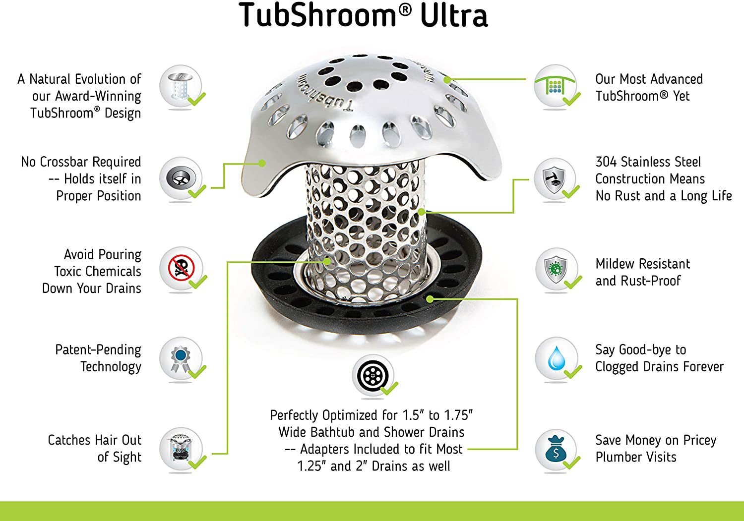 TubShroom Ultra Revolutionary Bath Tub Drain Protector Hair Catcher/Strainer/Snare, Stainless Steel