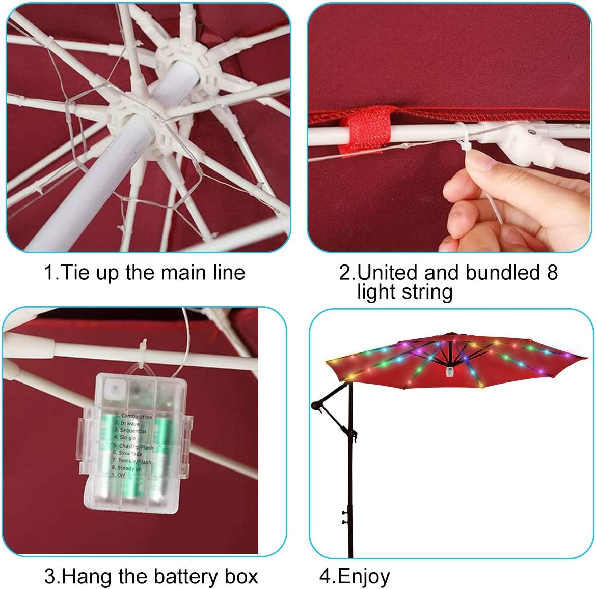 Patio Umbrella Light String Lights 8 Brightness Modes 104 Leds at 3AA Battery Operated Waterproof Outdoor Umbrella Pole Light for Patio Umbrellas Camping Tents (Multi-Colored)