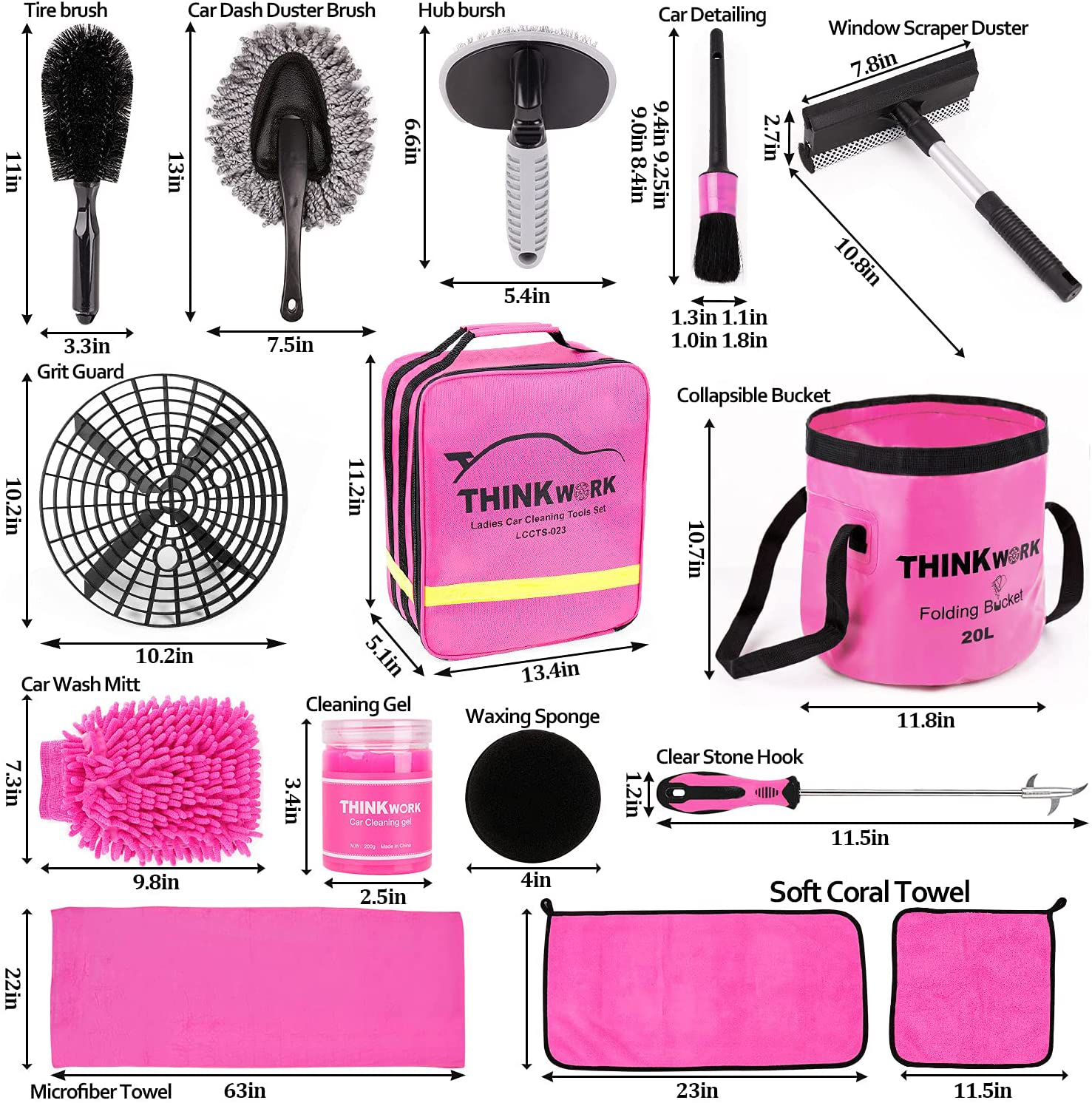 THINKWORK Car Wash Kit with Bucket, Pink Car Cleaning Supplies and Detailing kit - Cleaning Gel, Microfiber Towel, Mitt, Duster, Brush, Grit Trap, Squeegee, Waxing Tablets, Gifts for Women(23pcs)