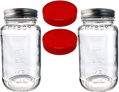 Mason Jars 24oz - Regular Mouth Mason Storage Jars with Lids (set of 2) Made in the USA - Mason Jars with Plastic Mason Jar Lids (24 ounce, red)