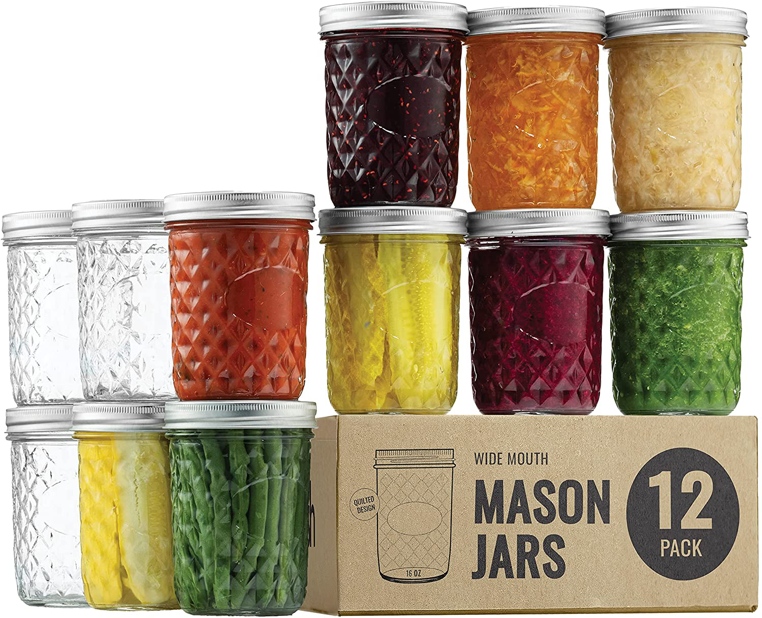 Quilted Wide Mouth Glass Mason Jars - 16-Ounce (12-Pack) Canning Jars with Lids and Bands, Chalkboard Labels, for Canning, Preserving, Pickling, Meal Prep, Jam, Jelly, Overnight Oats, Dishwasher Safe