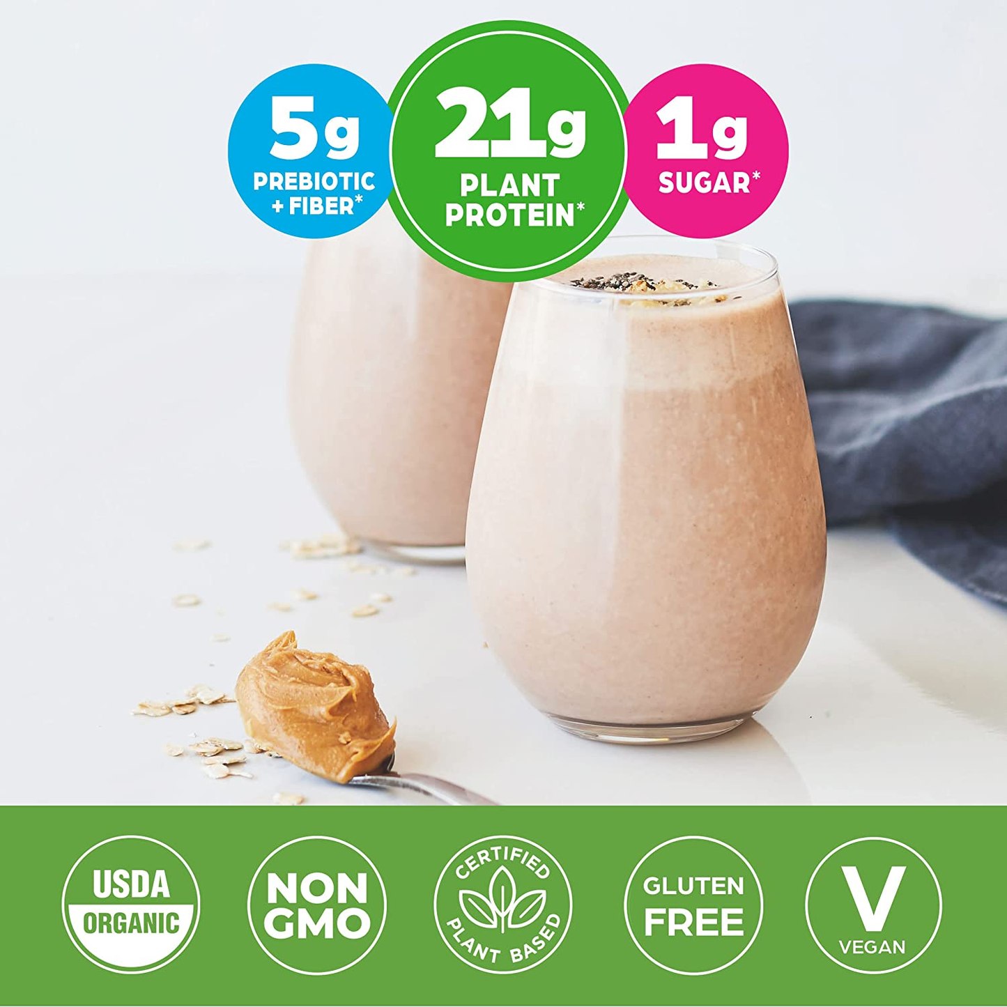 Orgain Organic Plant Based Protein Powder, Peanut Butter - 21G of Protein, Vegan, Low Net Carbs, Non Dairy, Gluten Free, Lactose Free, No Sugar Added, Soy Free, Kosher, Non-Gmo, 2.03 Pound