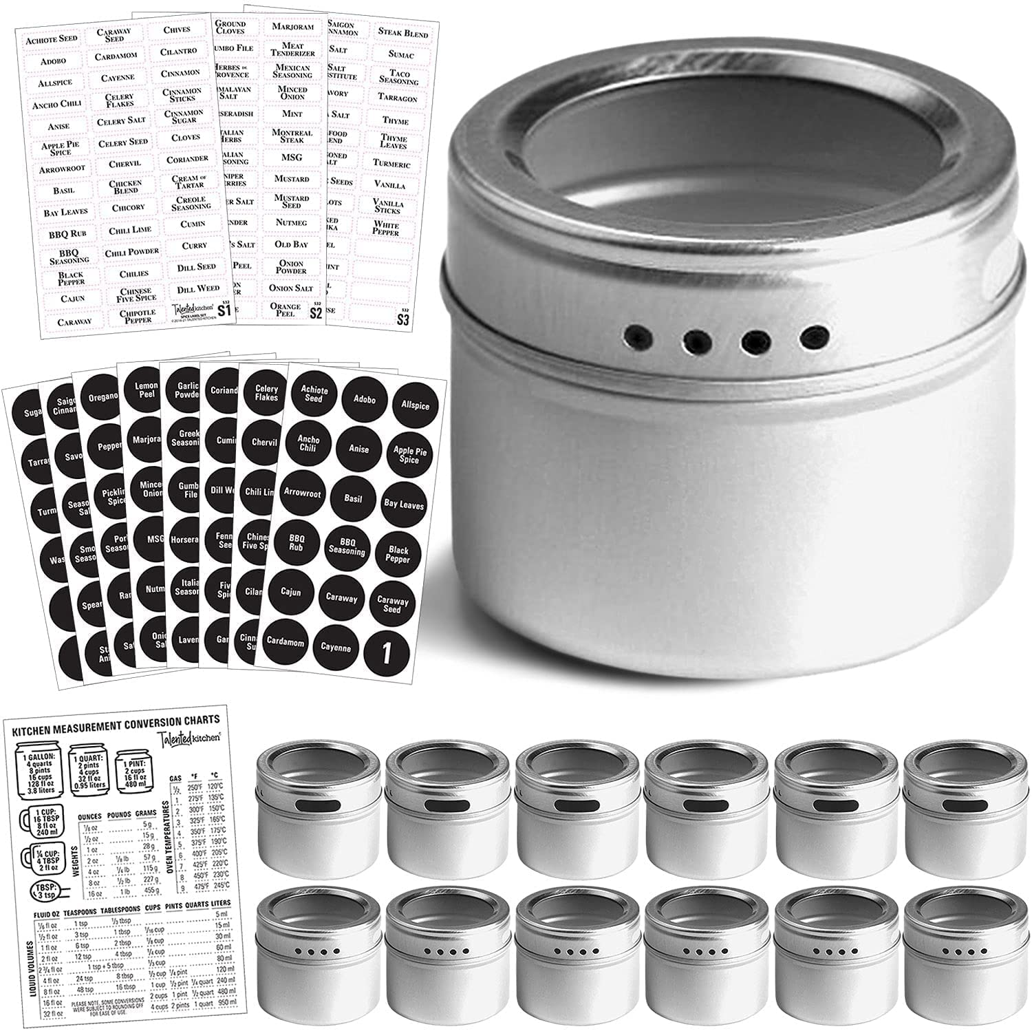 Set of 12 Magnetic Spice Tins with 12 Window-Top Sift and Pour Lids, 269 Preprinted Seasoning Label Stickers in 2 Styles for 3 Oz Herb Jars