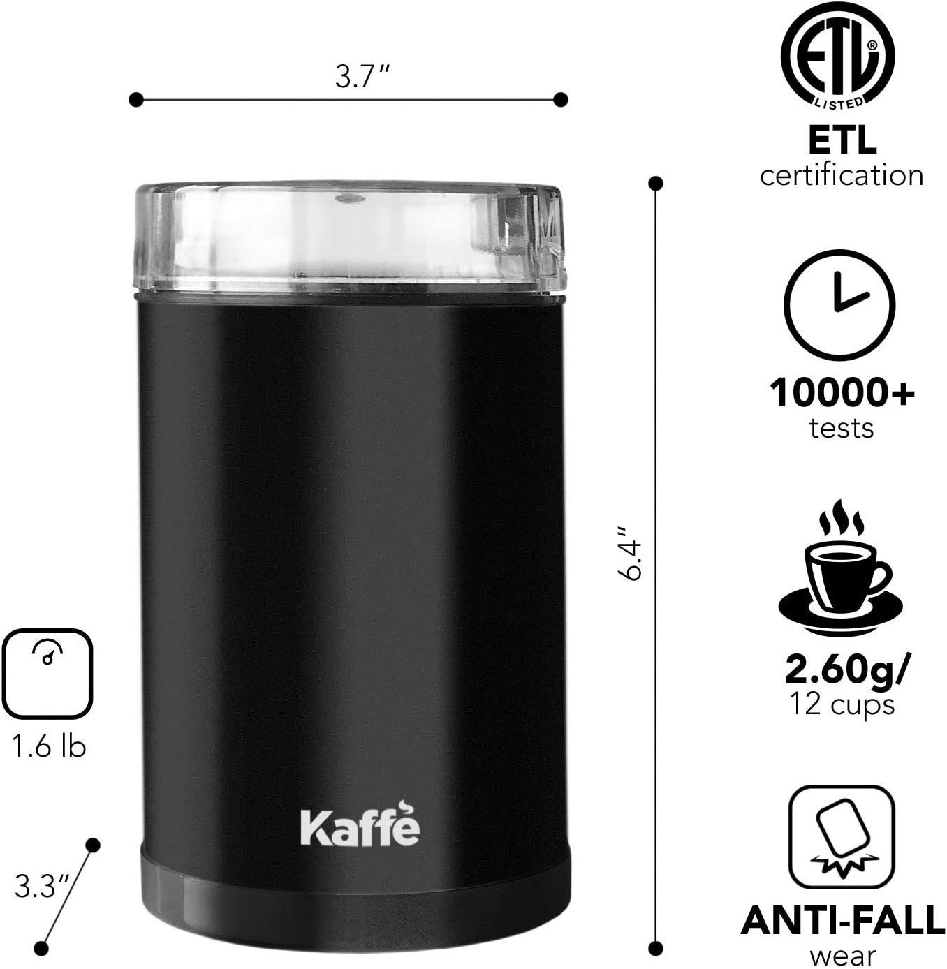 Kaffe Electric Coffee Grinder - Black - 3oz Capacity with Easy On/Off Button. Cleaning Brush Included. Grind Fresh Coffee Beans Every Time!