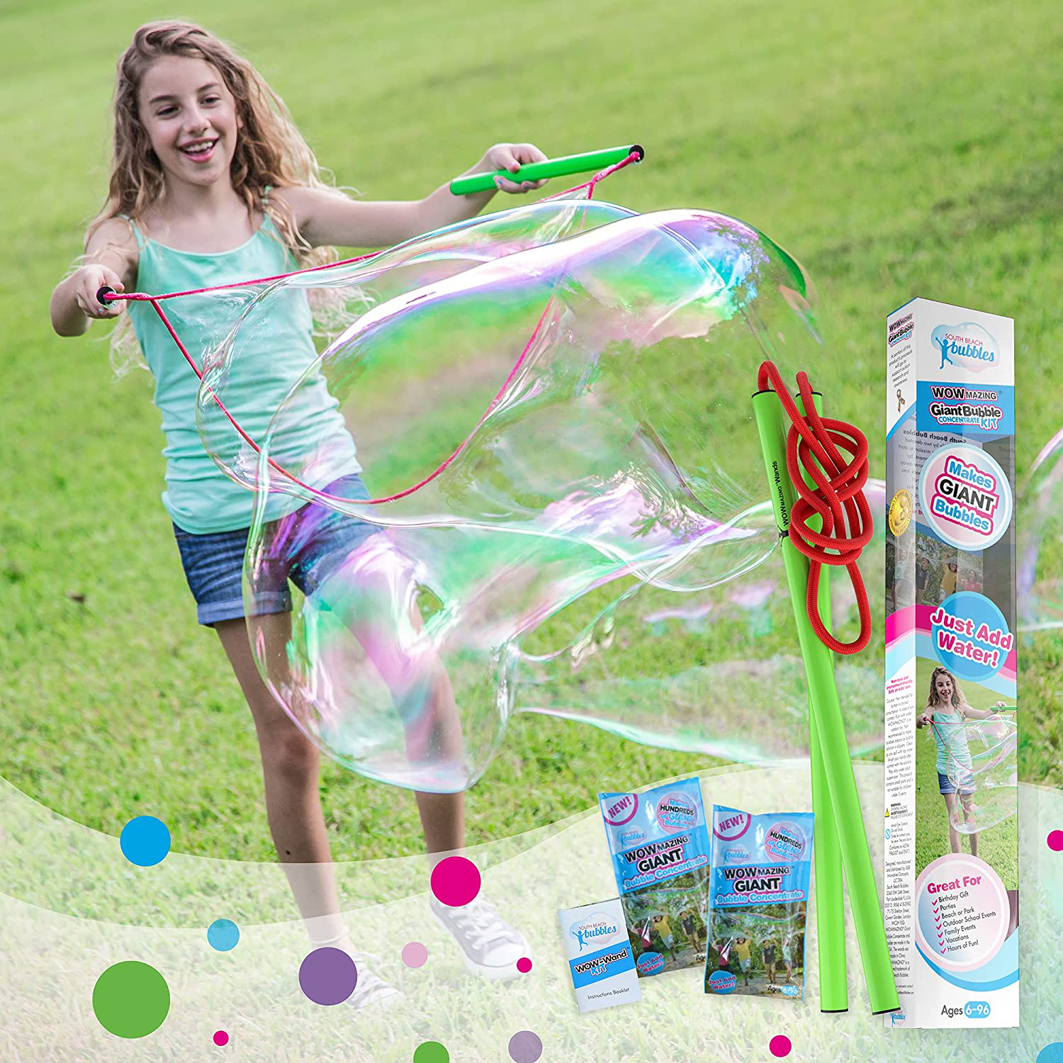 WOWMAZING Giant Bubble Kit: Unicorn - Incl. Wand, 2 Big Bubble Concentrate Pouches and 8 Sun-Activated Magical Stickers | Outdoor Toy for Kids, Girls | Bubbles Made in The USA - Unicorn Kit