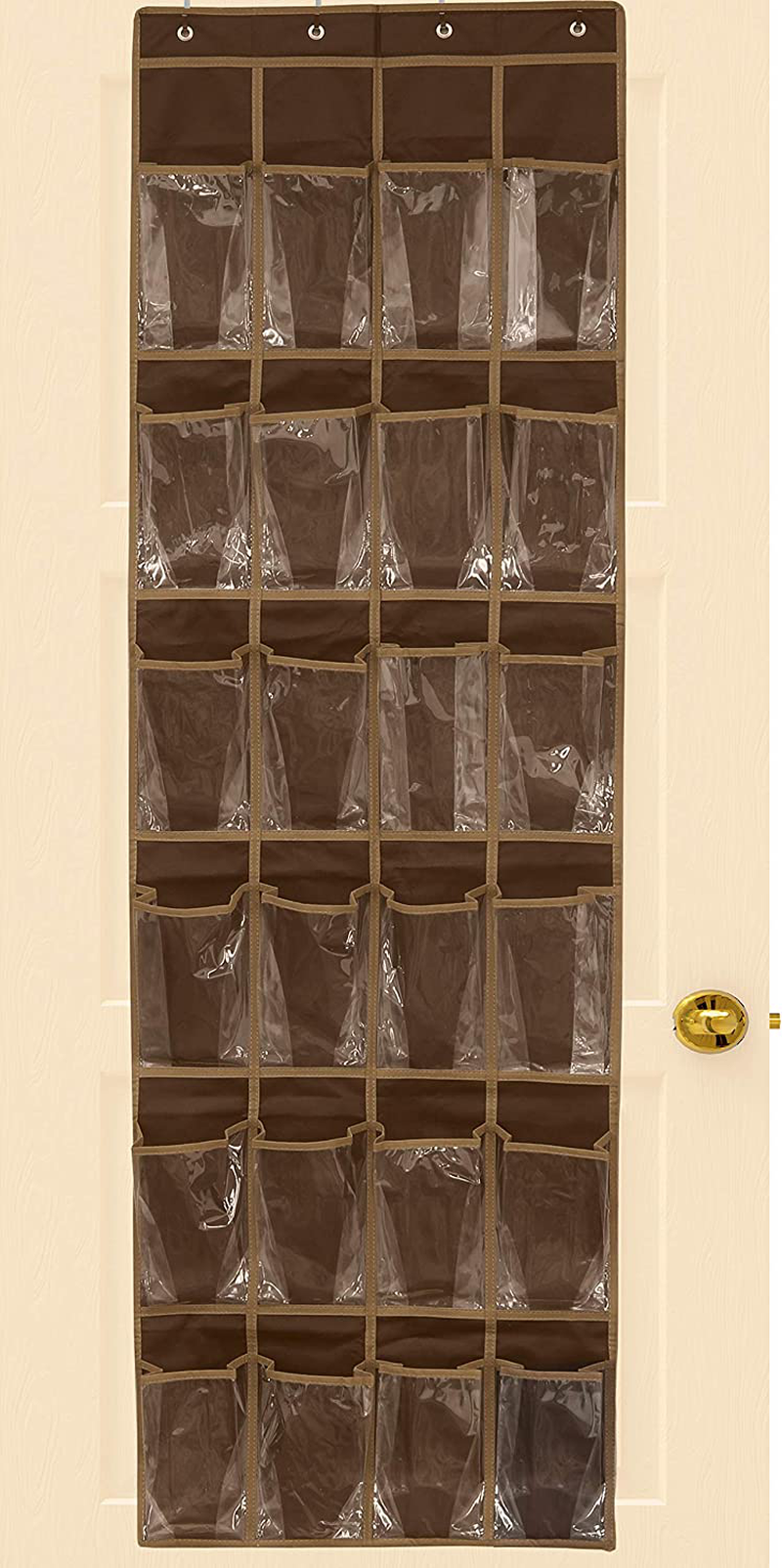 24 Pockets - SimpleHouseware Crystal Clear Over The Door Hanging Shoe Organizer, Brown