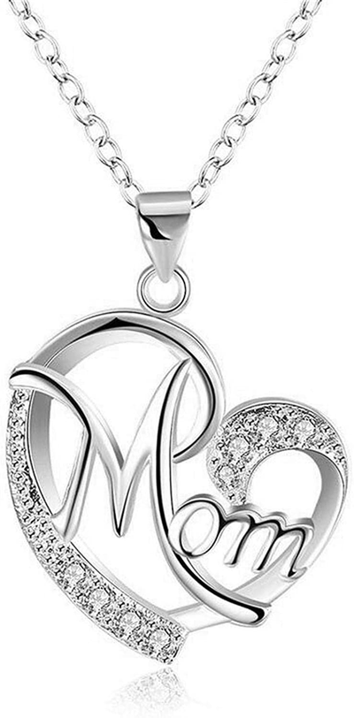Heart Mom Necklace Crystal Shiny MOM Heart Shape Pendant Necklace Love Heart Mom Pendant Necklace Mother Heart Necklace Jewelry Gifts Perfect Silver Tone Heart Necklace for Mom Wife
