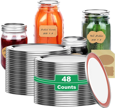 Mason Jar Lids Wide Mouth, 48-Count Mason Canning Wide Mouth Jar Lids for Ball and Kerr Jars - Split-Type Metal Ball Wide Mouth Canning Lids - Food Grade Material (86mm, Silver, 24PCS Label )