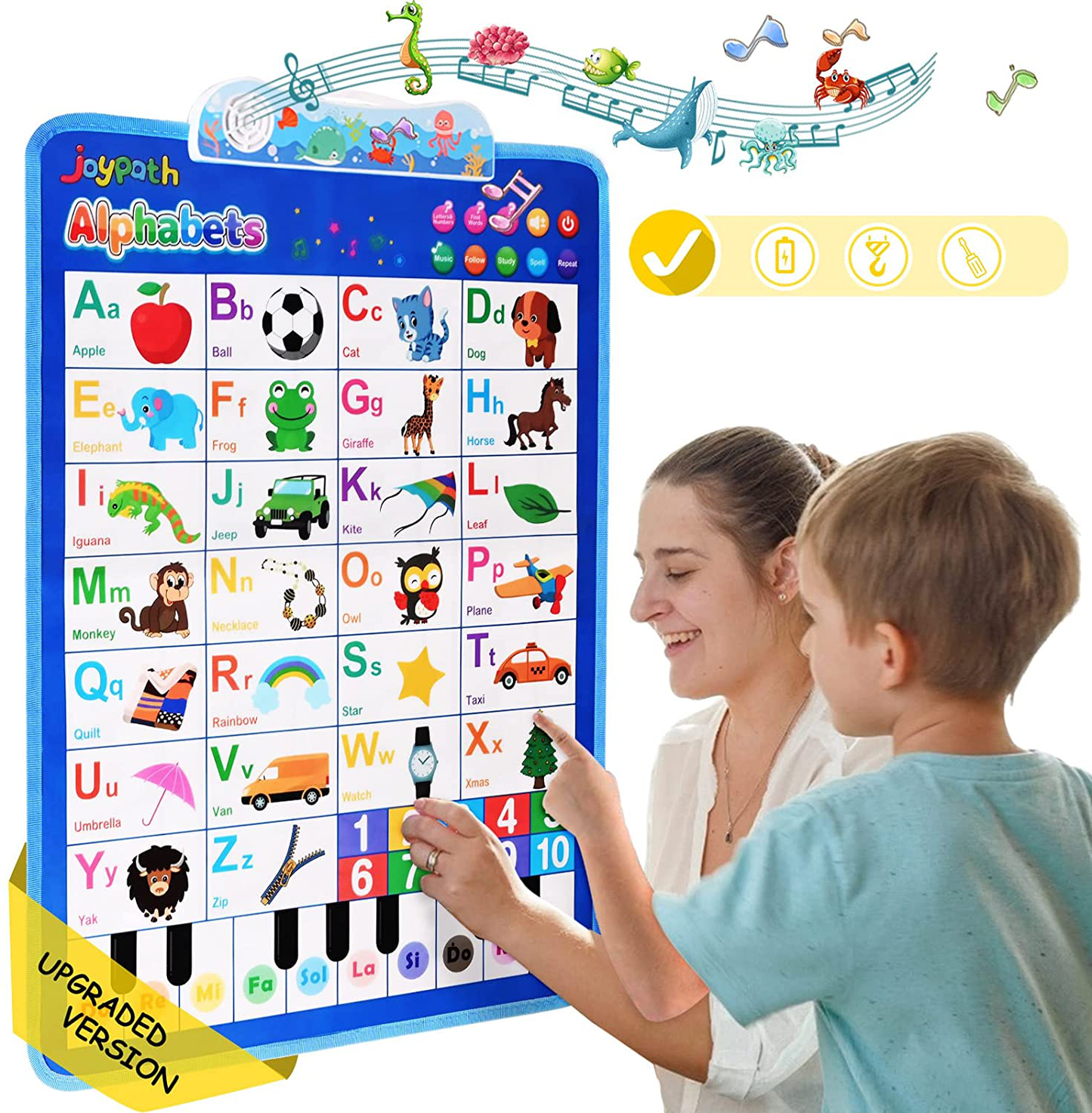 joypath Electronic Interactive Alphabet Wall Chart, Talking ABC, 123s, Piano Tone, Music Learning Poster, Preschool Early Educational Toddler Toy, Gifts for Age 3 Year Old Boys Girls Kids