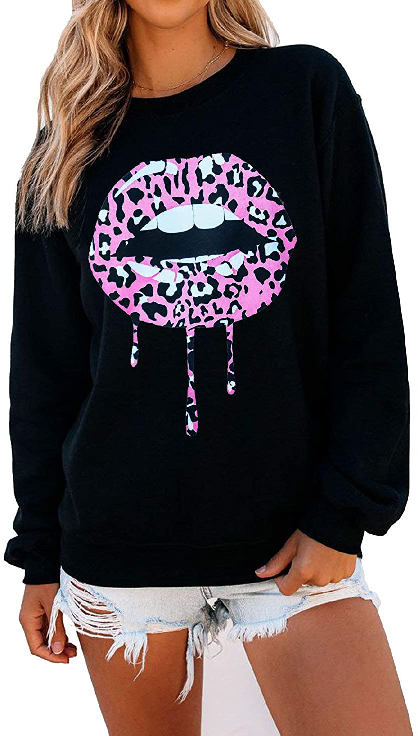 VIMPUNEC Womens Leopard Lips Long Sleeve Tops Oversized Crewneck Sweatshirt