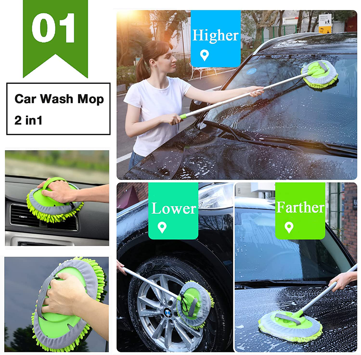 GreatCool 4Pcs Car Wash Brush Kit,Car Wash Mop Mitt with 44.5" Aluminum Long Handle,Car Wash Brush for Wheel Pedal and Floor Mat,Detailing Brush,Car Detailing Towel for Washing Automotive Truck RV